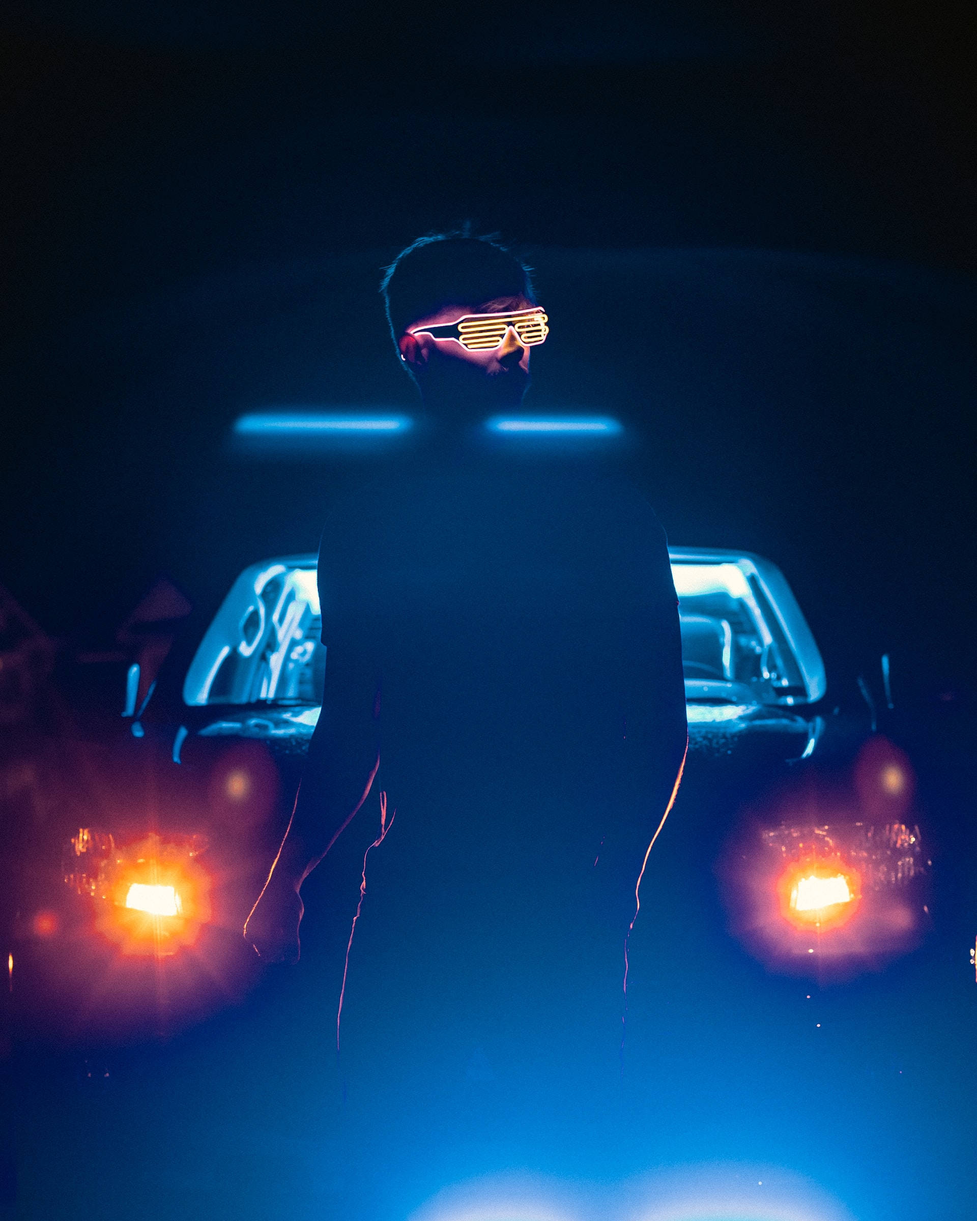 Neon Blue iPhone, glowing yellow shutter shades, car with bright orange headlights, Full HD Phone Wallpaper