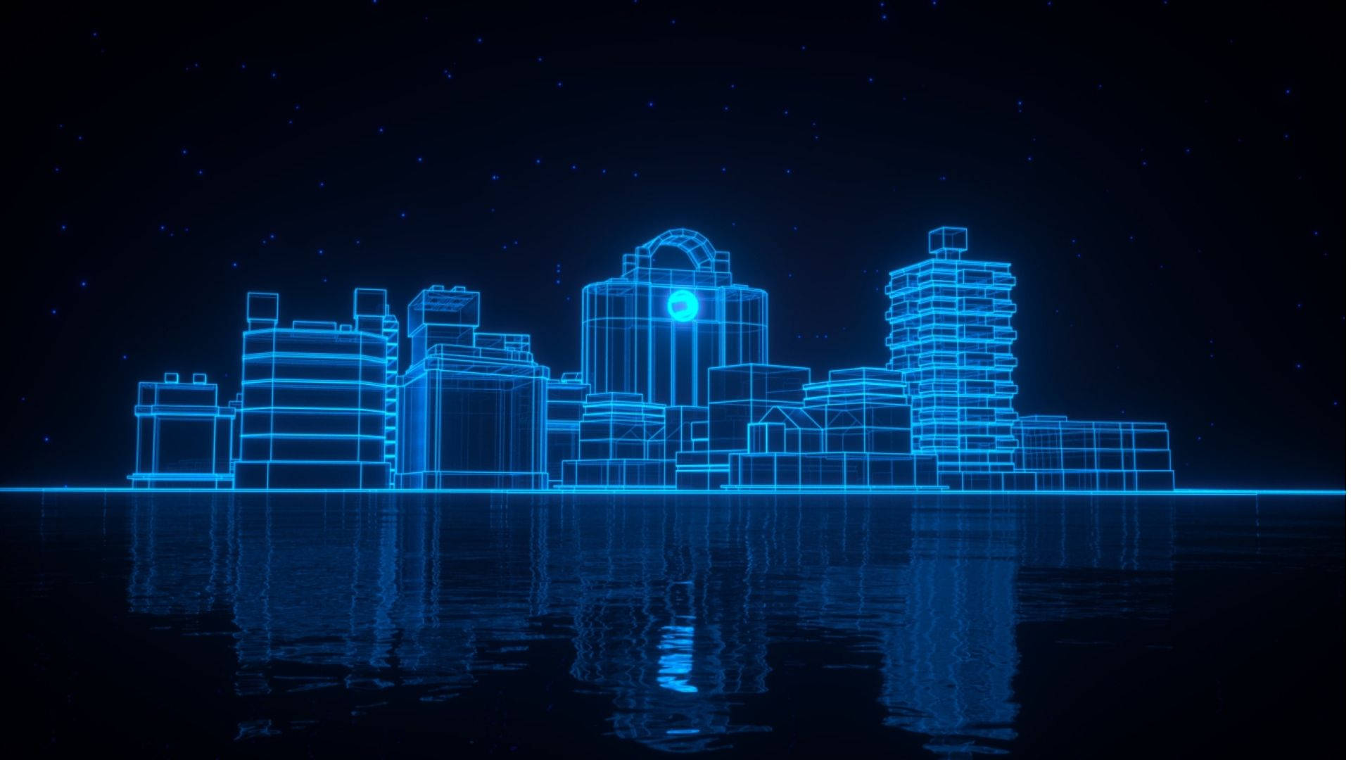 Neon Blue, city skyline, neon blue wireframe outlines, Full HD Desktop Wallpaper