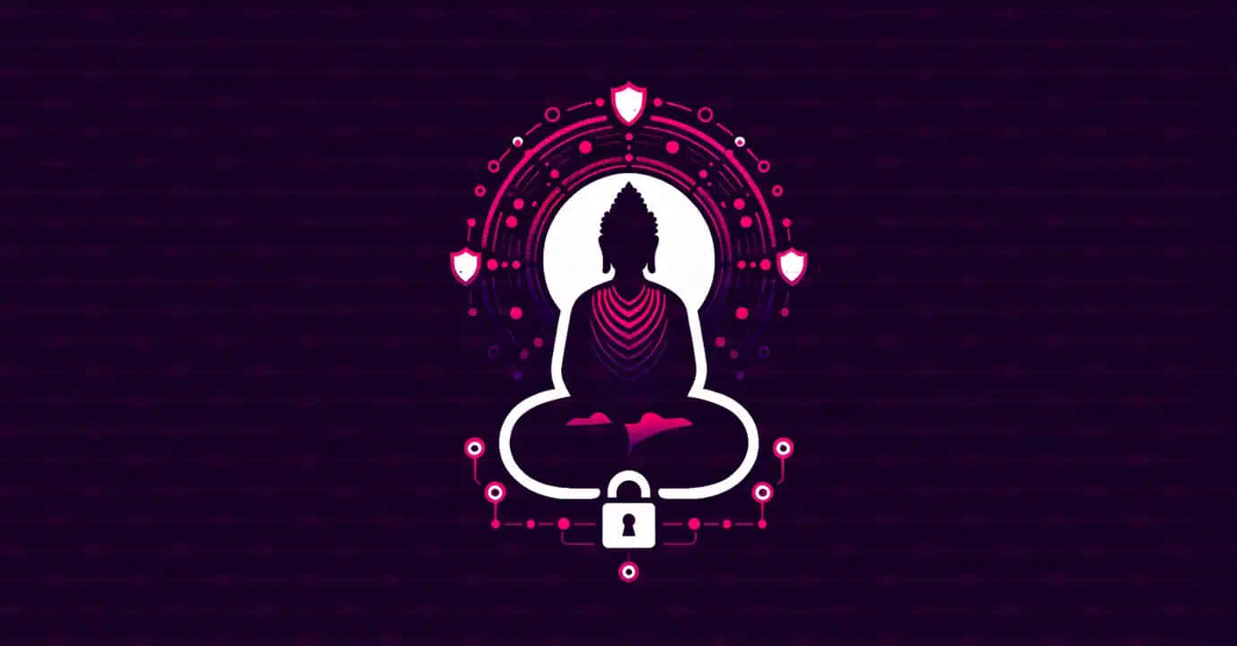 Neon Buddha, glowing pink and white digital Buddha silhouette, circuitry halo, HD Desktop Wallpaper