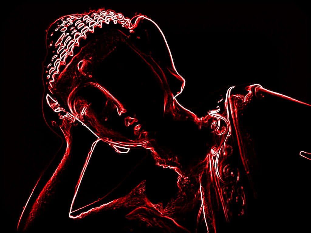 Neon Red Buddha, glowing red neon outline, serene Buddha statue, SD Desktop Wallpaper