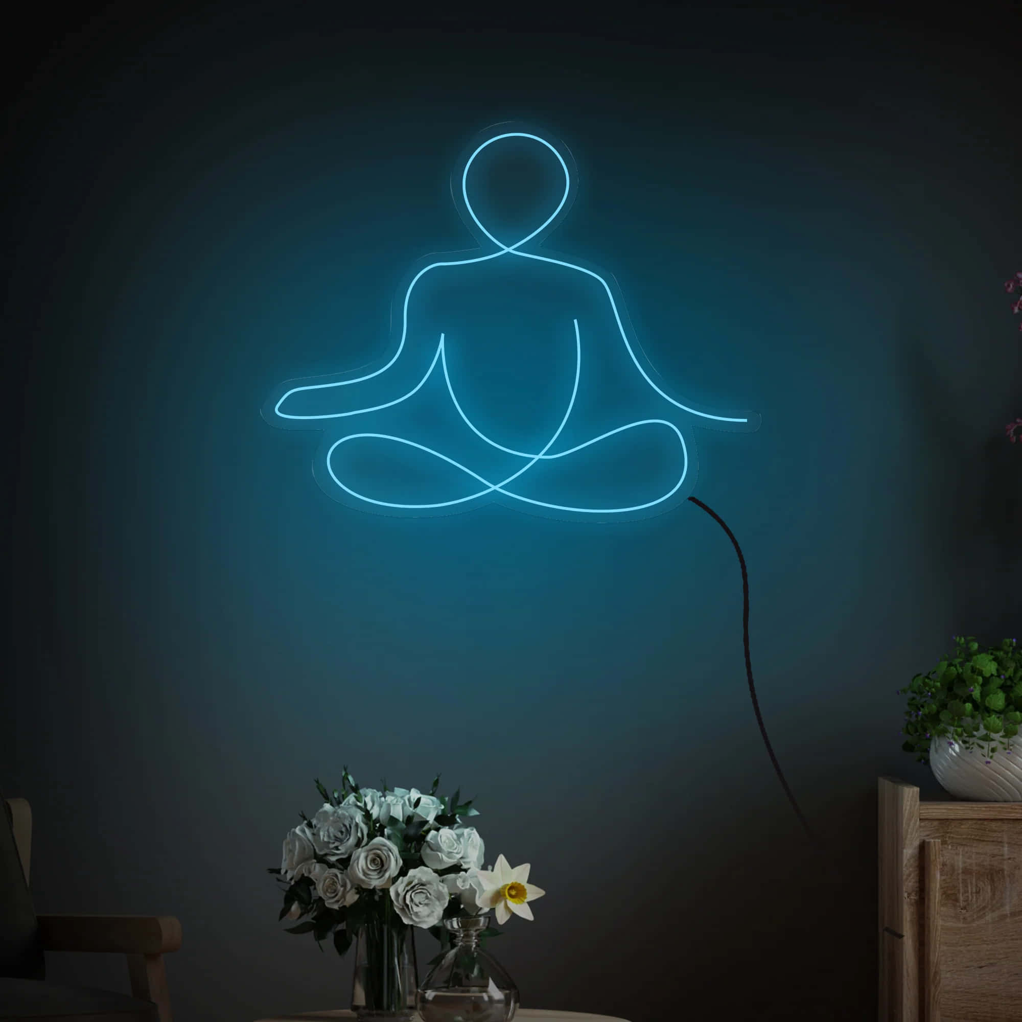 Neon Buddha, glowing blue neon outline, meditating figure, Full HD Desktop Wallpaper