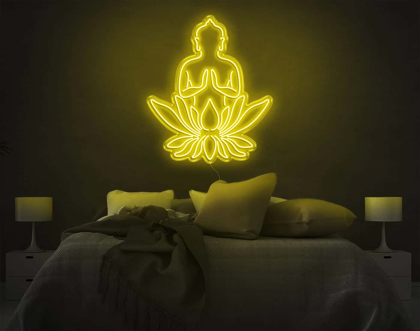 Neon Buddha, lotus flower, glowing yellow neon, HD Desktop Wallpaper