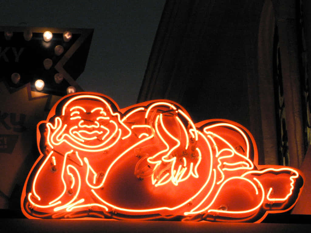 glowing orange neon sign, joyful laughing Buddha, dark urban night backdrop, SD Desktop Wallpaper