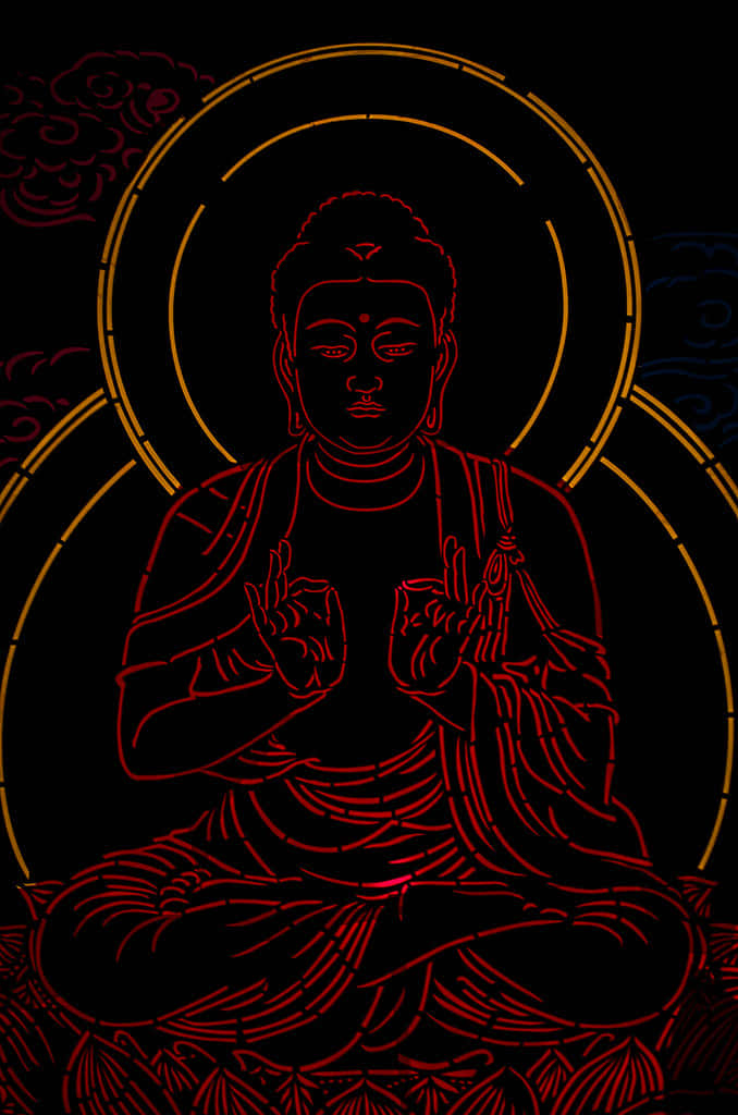 Neon Glow Buddha Art, glowing red line-art Buddha, lotus pose, SD Phone Wallpaper