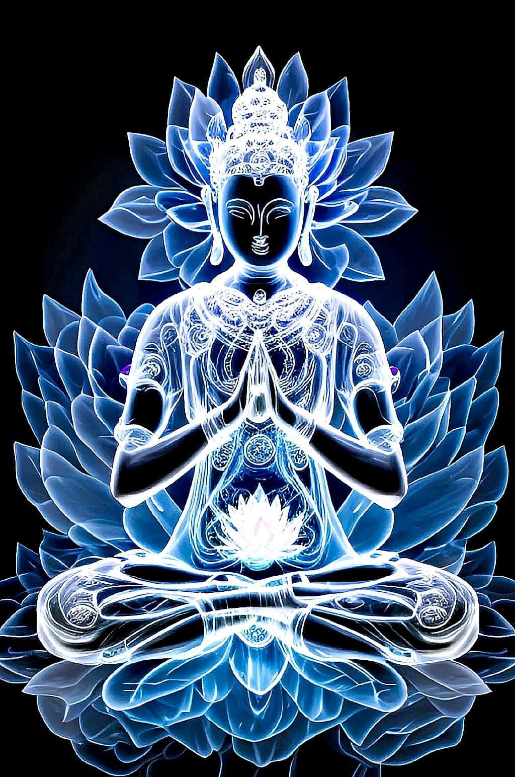 Neon Blue Buddha, lotus pose, radiant lotus petals, HD Phone Wallpaper