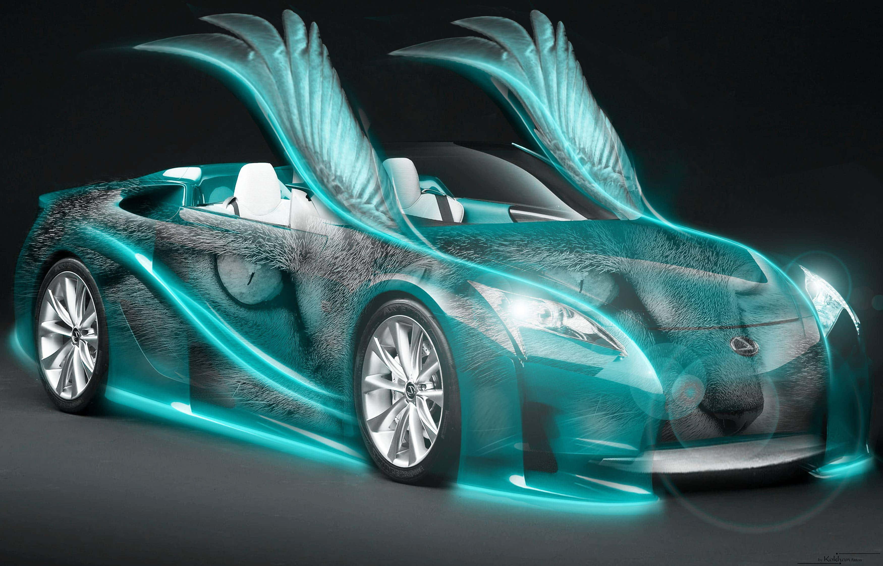 Neon Bugatti, teal, glowing wings, 2K Desktop Wallpaper