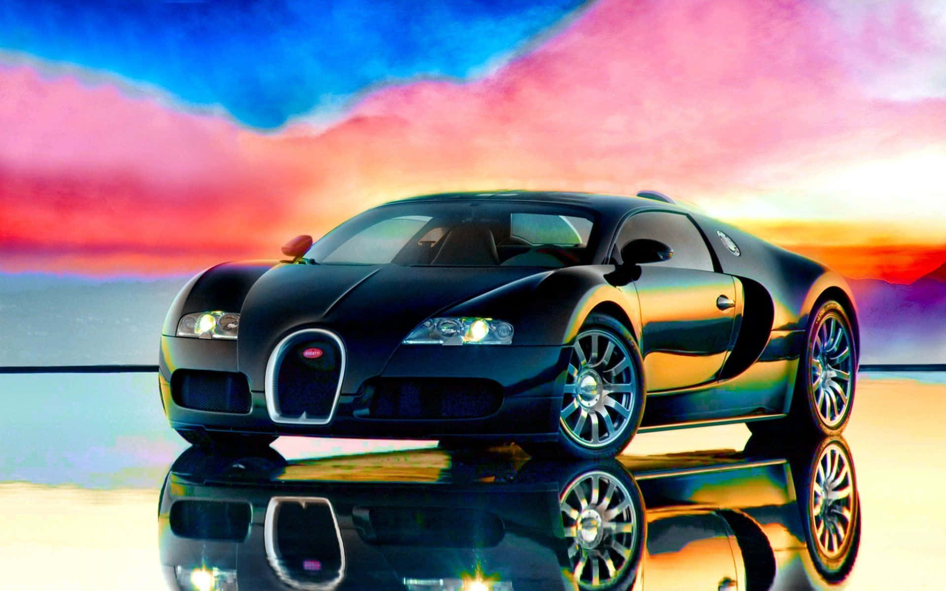 Neon Bugatti, Bugatti, sunset sky, Full HD Desktop Wallpaper