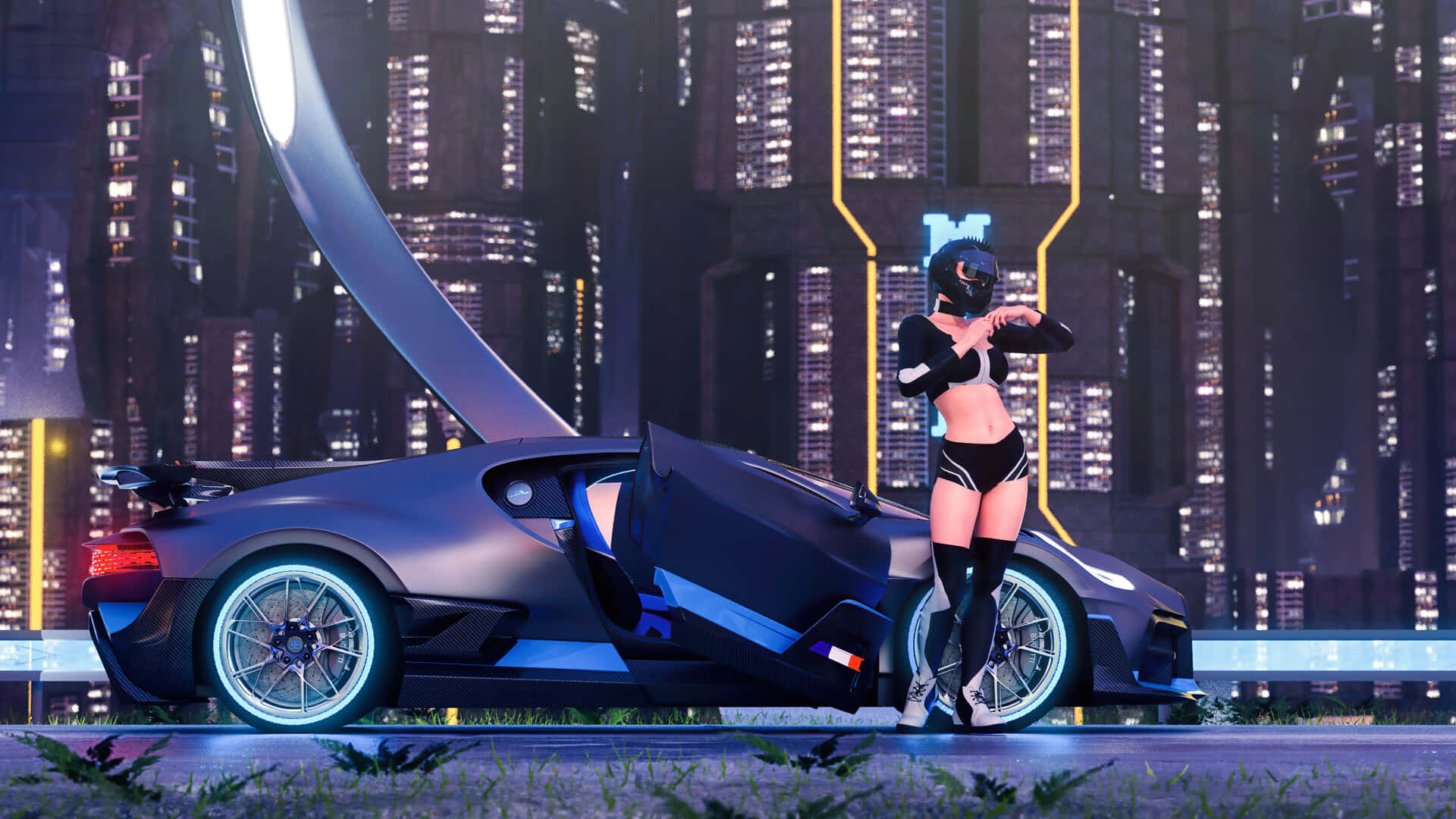 Neon Bugatti, futuristic black sports car, glowing blue accents, Full HD Desktop Wallpaper