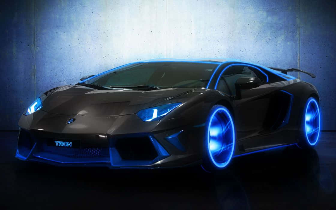 black sports car, glowing blue neon lights, wheels, SD Desktop Wallpaper