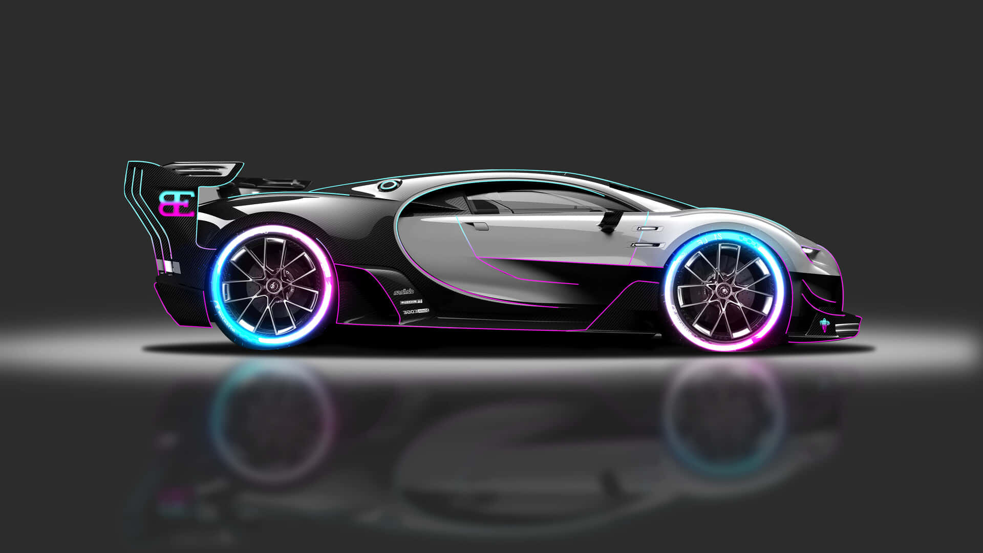 Neon Bugatti, glowing neon wheels, purple blue accents, Full HD Desktop Wallpaper