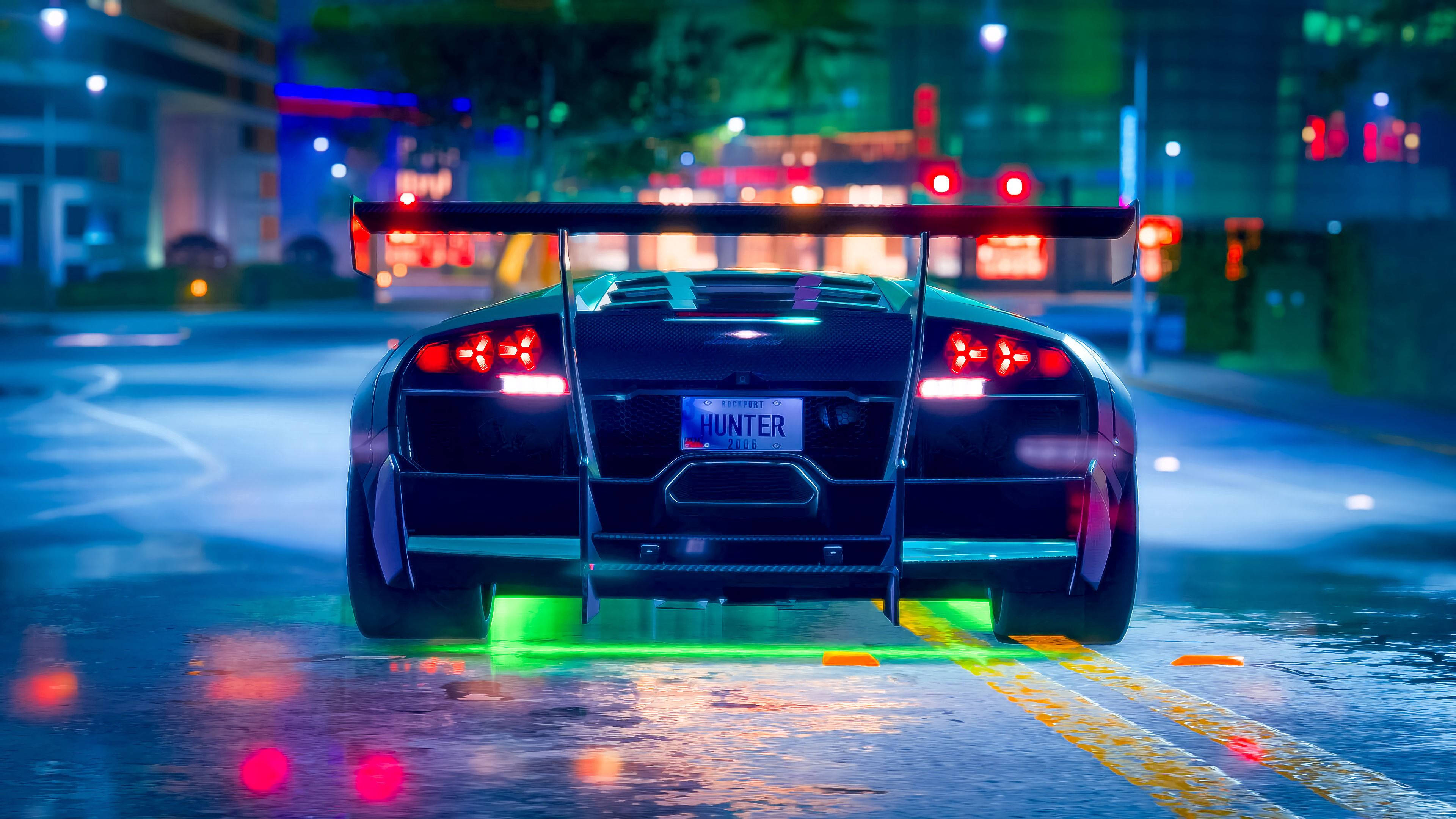 neon sports car, black sports car, glowing green underglow, 4K Desktop Wallpaper