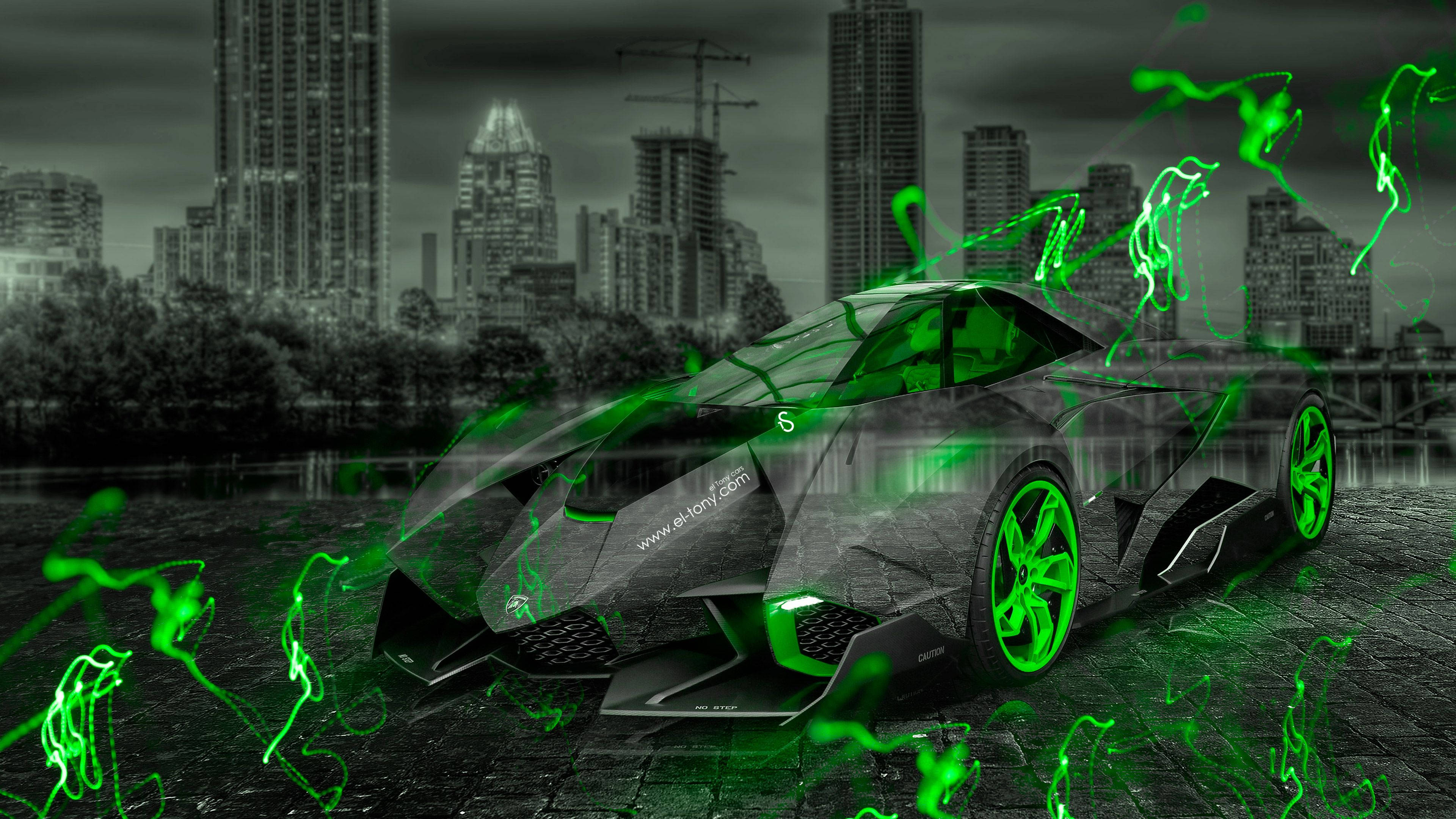 sleek black sports car, glowing green accents, electric energy swirls, 4K Desktop Wallpaper