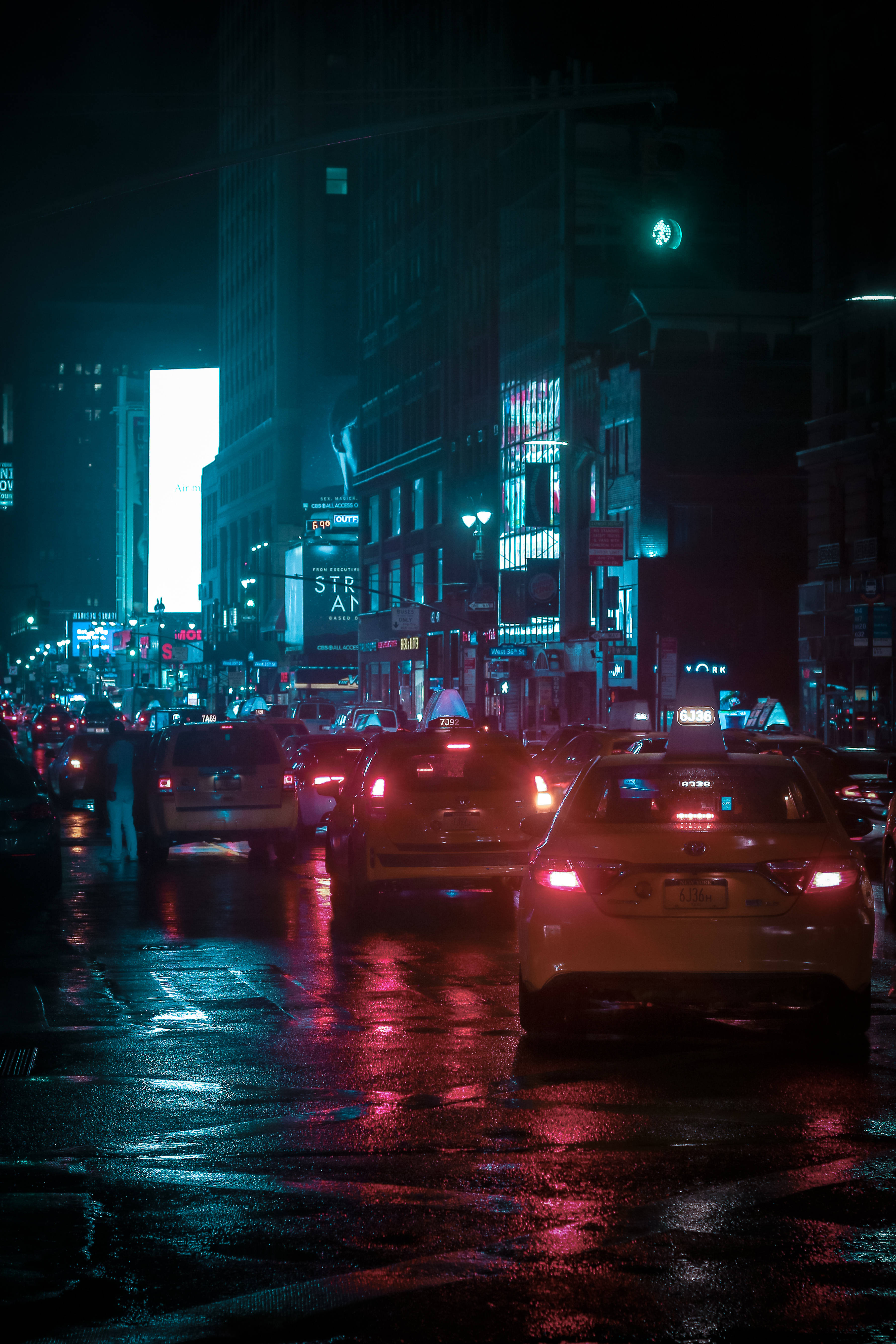 Neon Cars, busy street, rainy night, 5K Phone Wallpaper