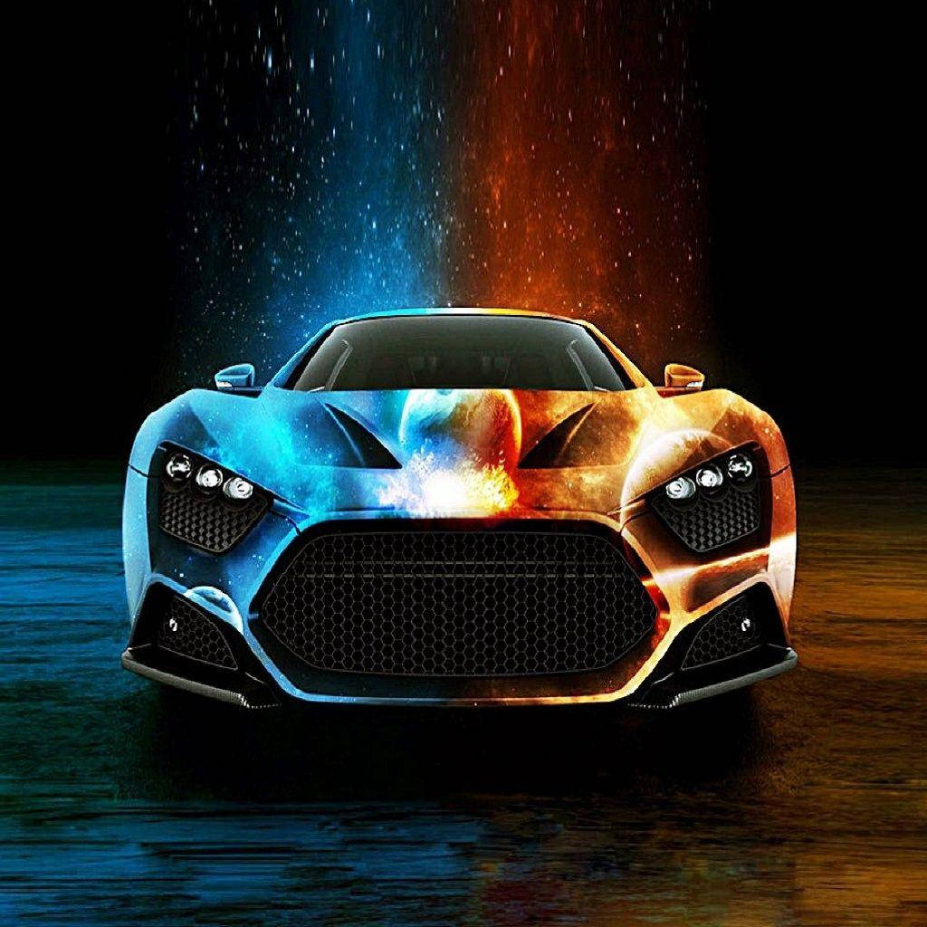 neon blue, fiery orange, futuristic sports car, SD Desktop Wallpaper
