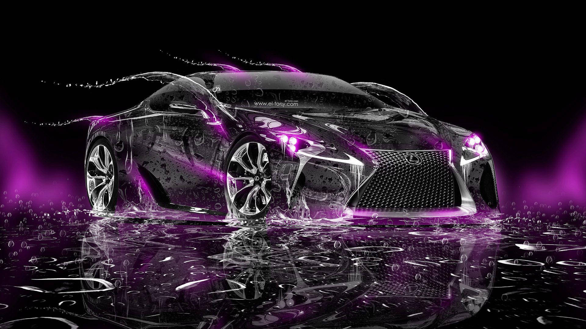 purple neon car, sleek black sports car, glowing purple water, Full HD Desktop Wallpaper