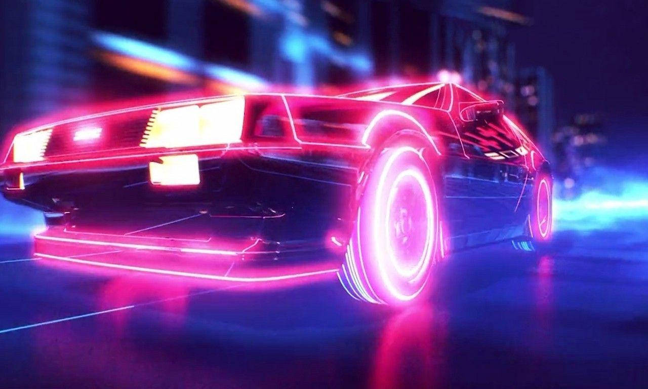 pink neon car, glowing pink and blue sports car, neon-drenched cyberpunk city, HD Desktop Wallpaper