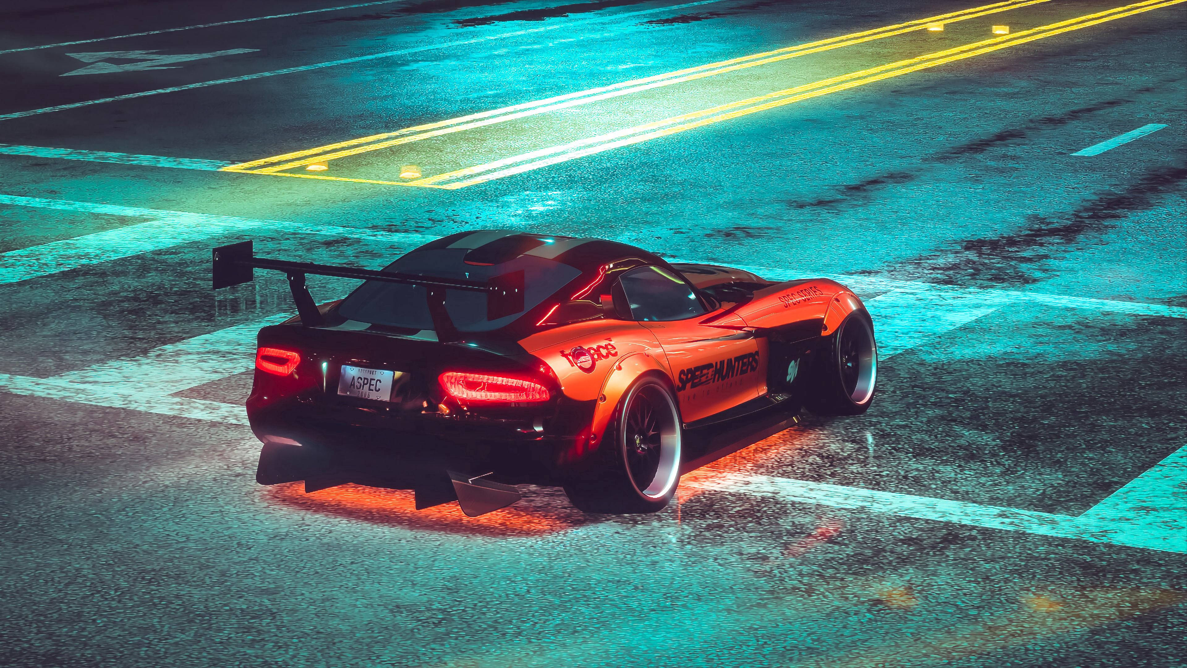 neon sports car, vibrant orange race car, glowing red taillights, 4K Desktop Wallpaper