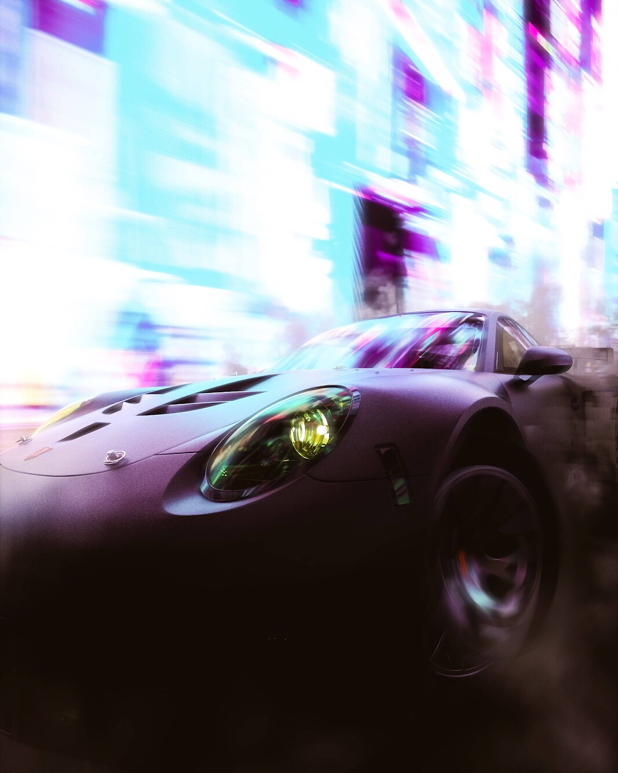 matte black, neon-drenched cityscape, sleek sports car, 2K Phone Wallpaper