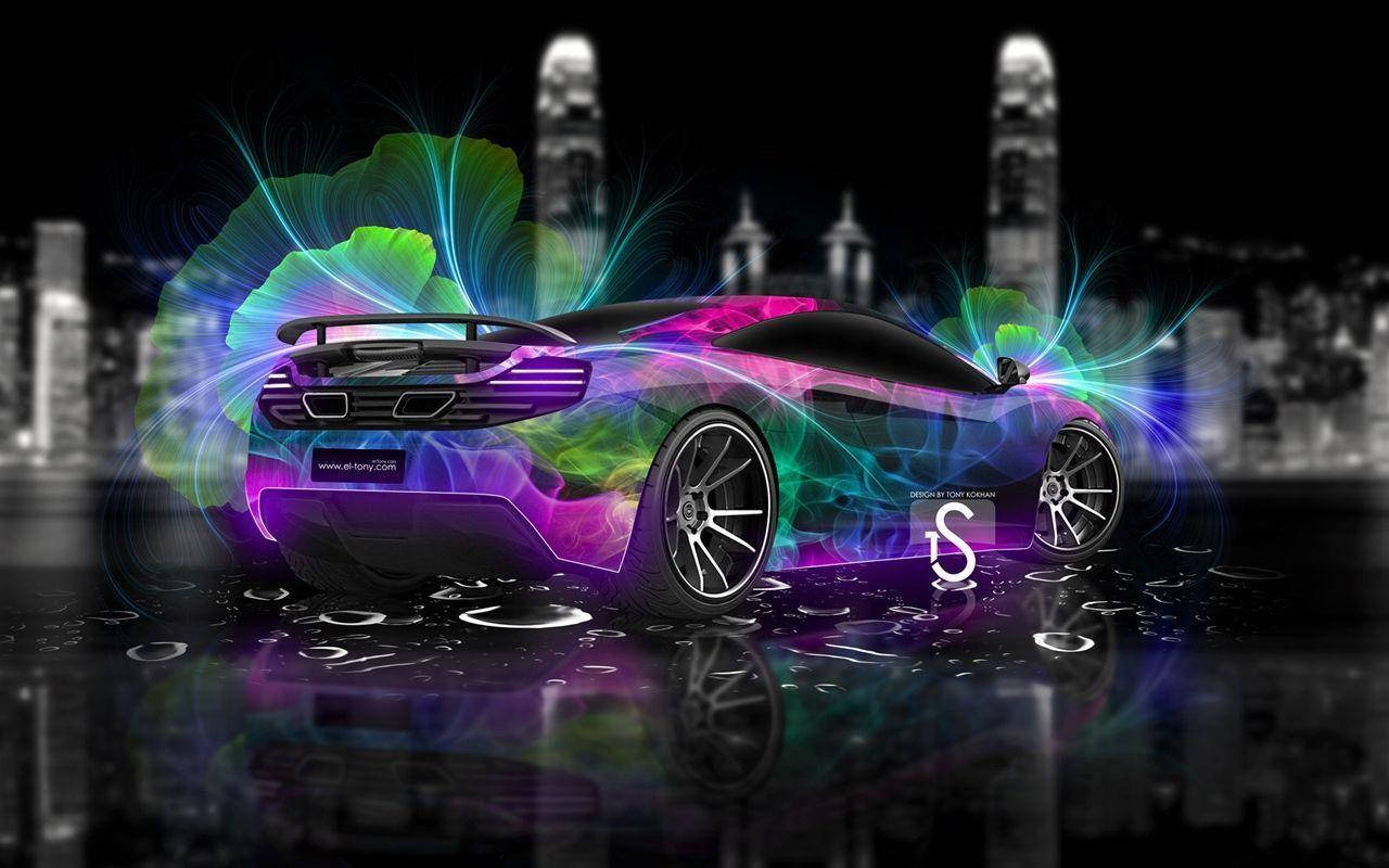 neon-lit sports car, electric purple green and blue energy, monochrome city skyline, HD Desktop Wallpaper