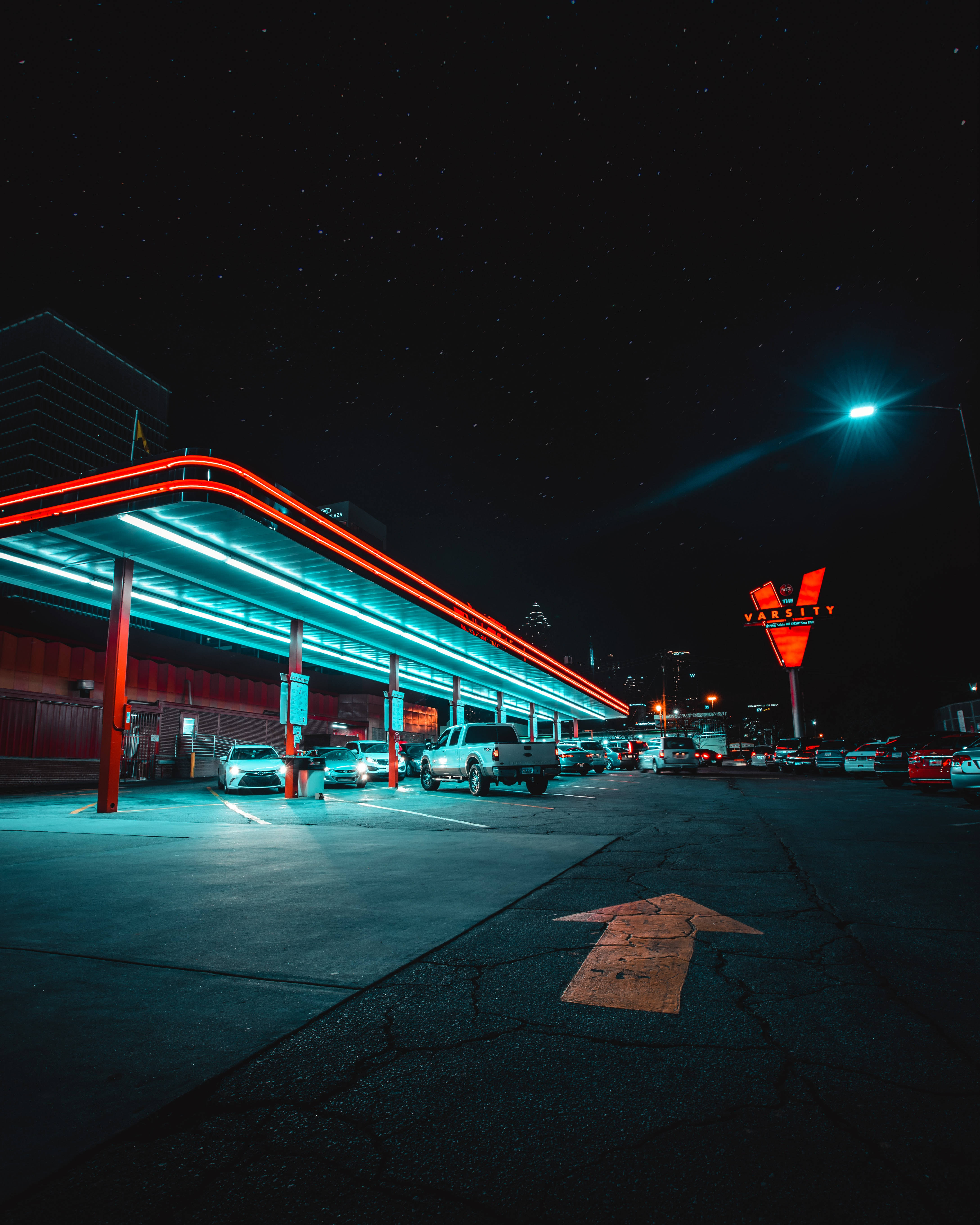 neon lights, starry night sky, retro gas station, 5K Phone Wallpaper