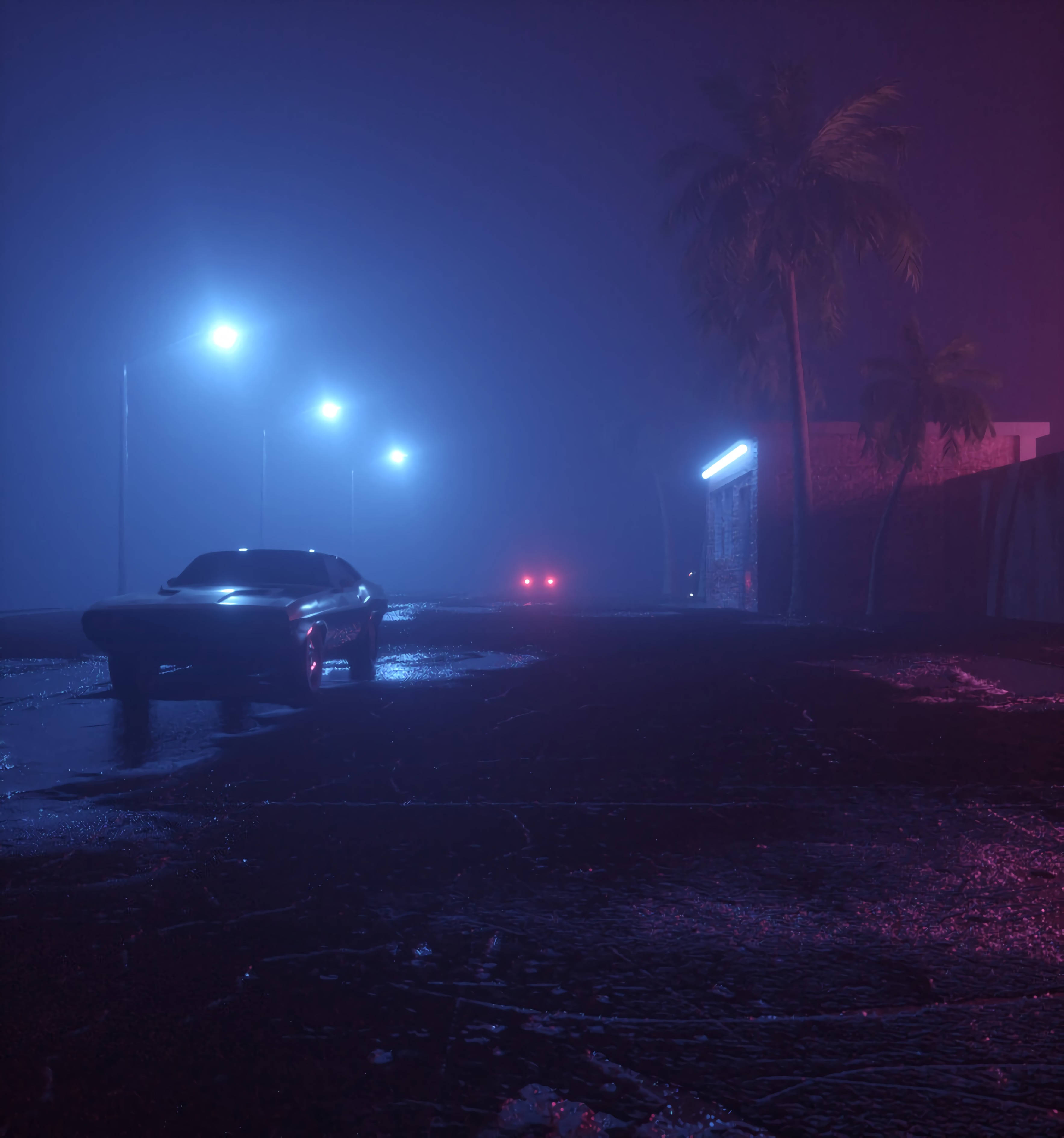 neon-drenched foggy street, muscle car, palm trees, 2K Phone Wallpaper