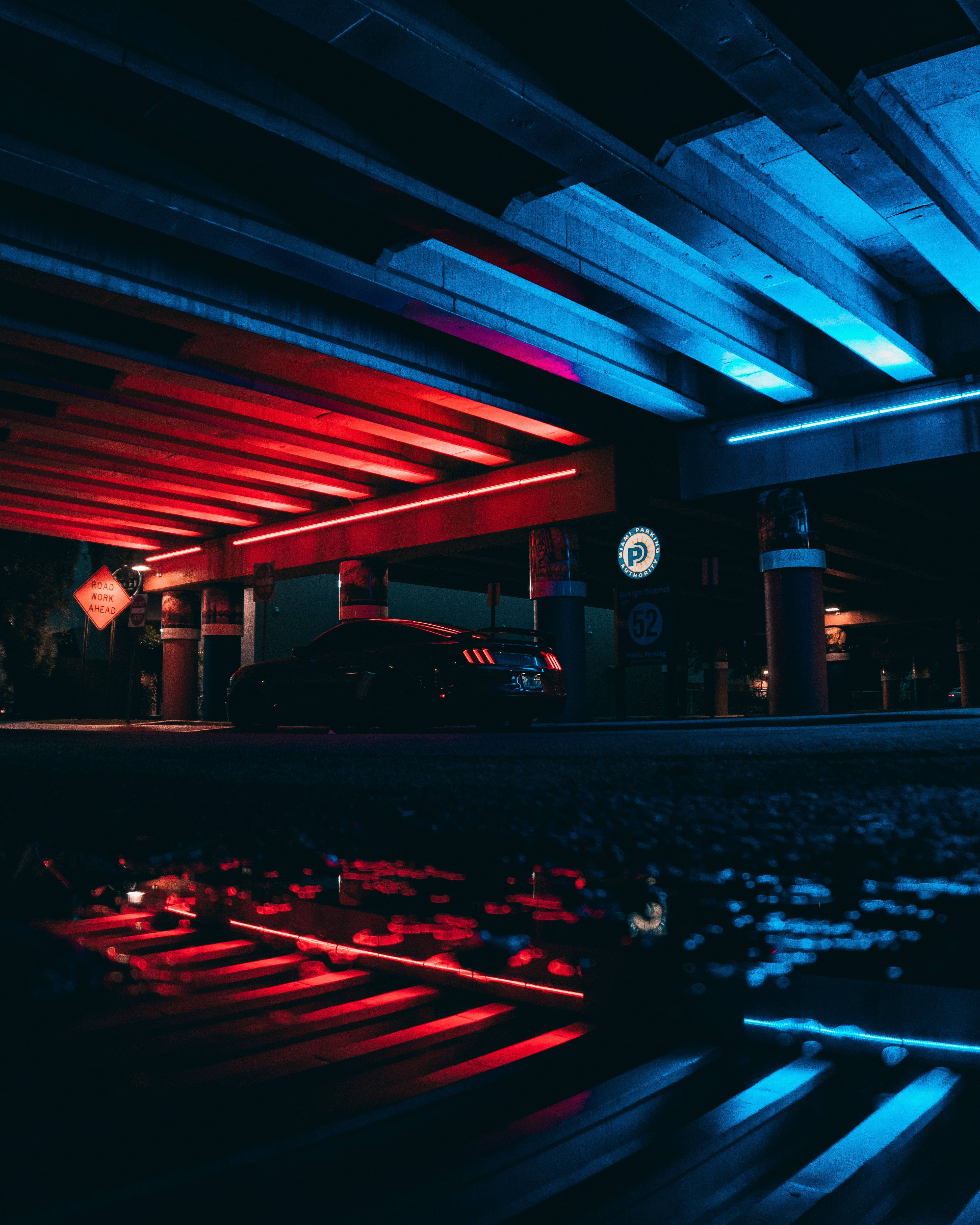 Neon Car, black sports car, vibrant red and blue neon lights, 4K Phone Wallpaper