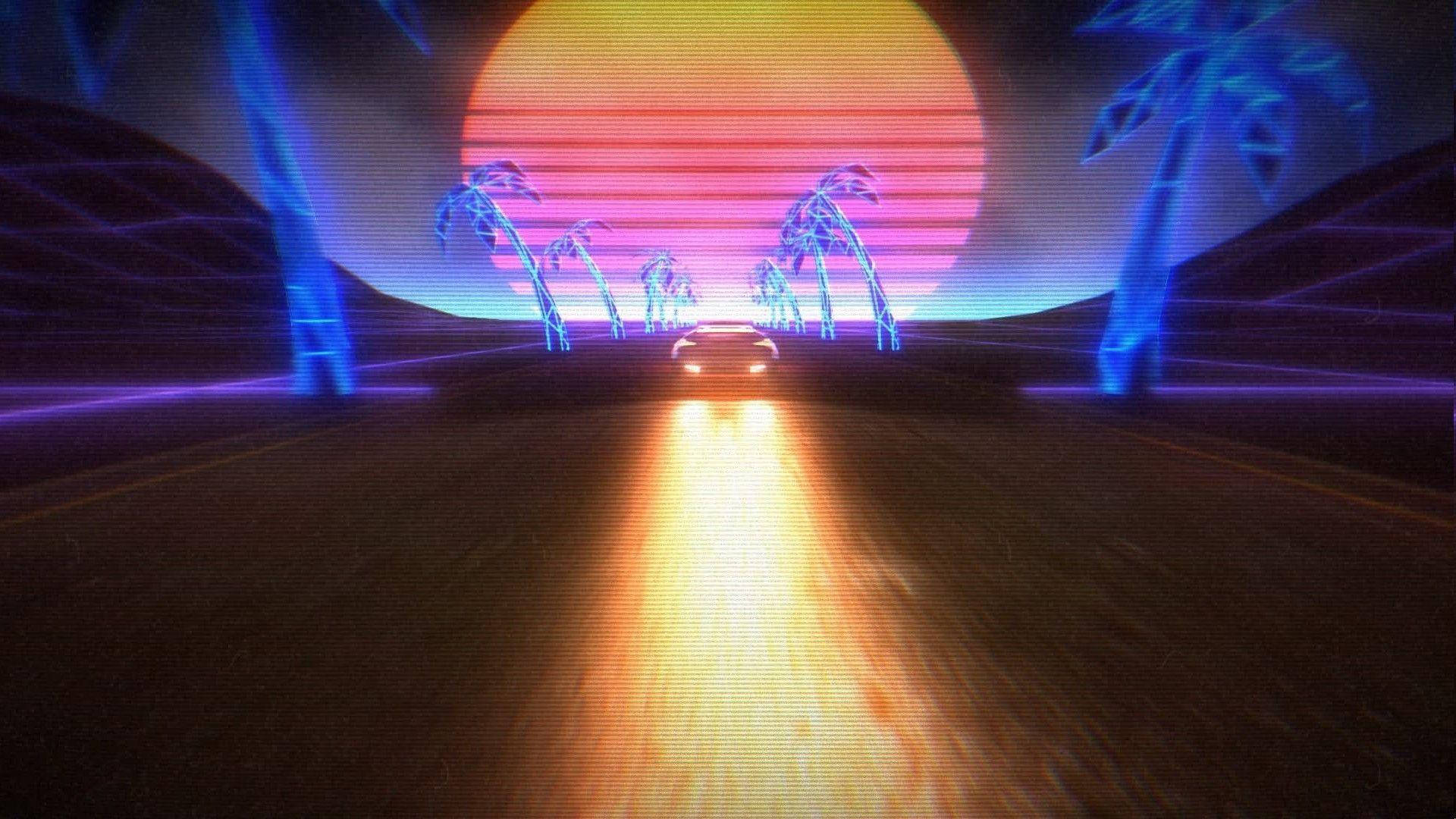 Neon Car, desert highway, glowing sunset, Full HD Desktop Wallpaper
