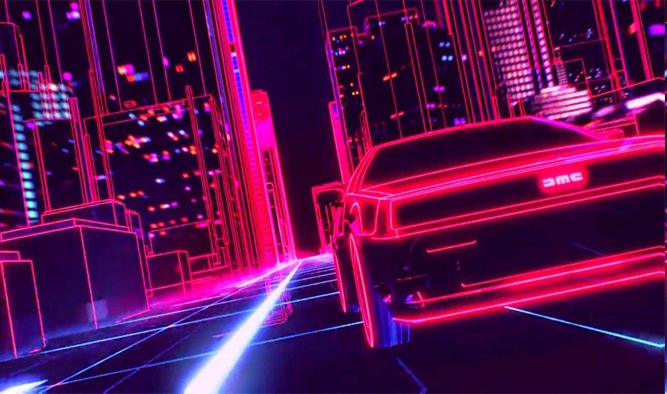 DMC sports car, glowing pink, neon-lit cyberpunk cityscape, HD Desktop Wallpaper