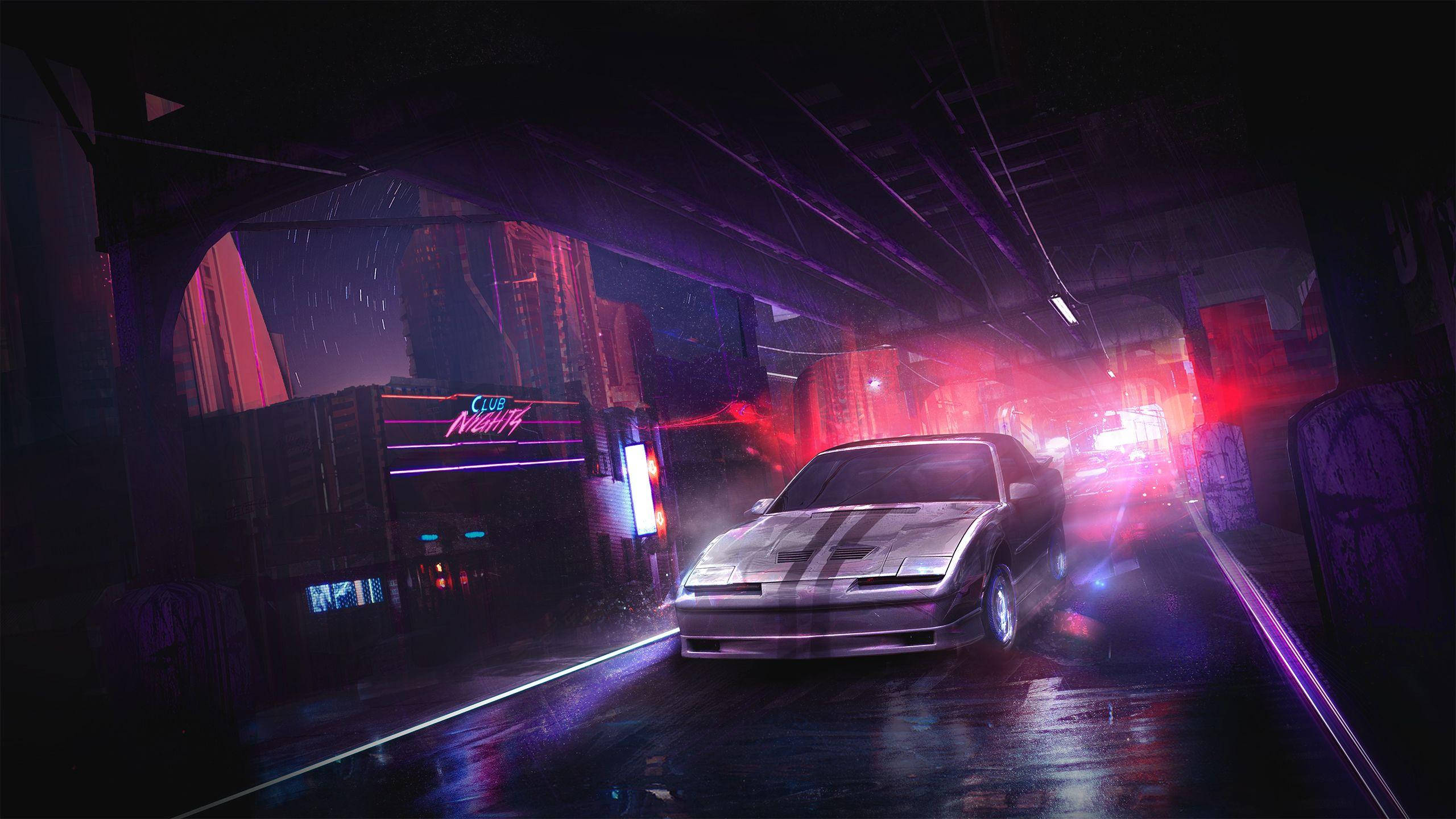 Neon Car, tunnel, night, 2K Desktop Wallpaper