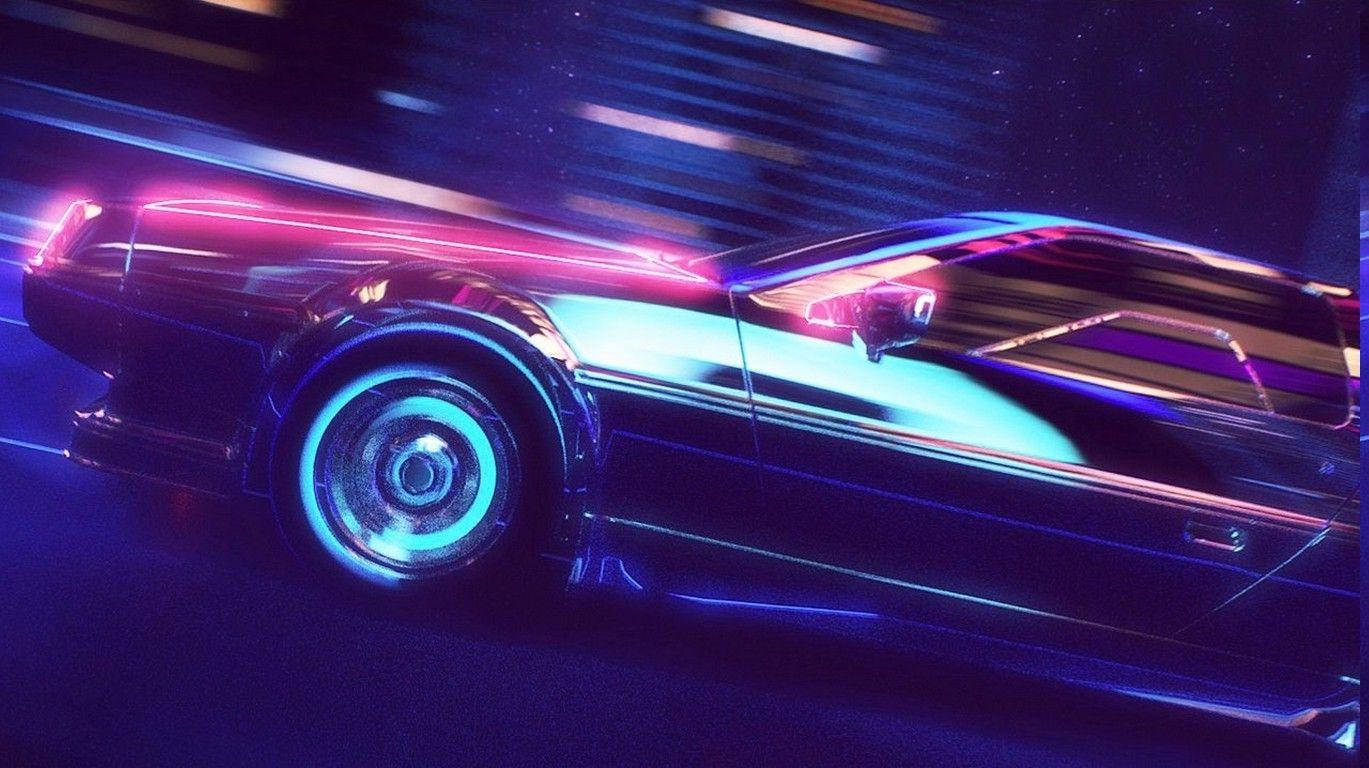 vintage car, neon-drenched night, glowing blue, HD Desktop Wallpaper