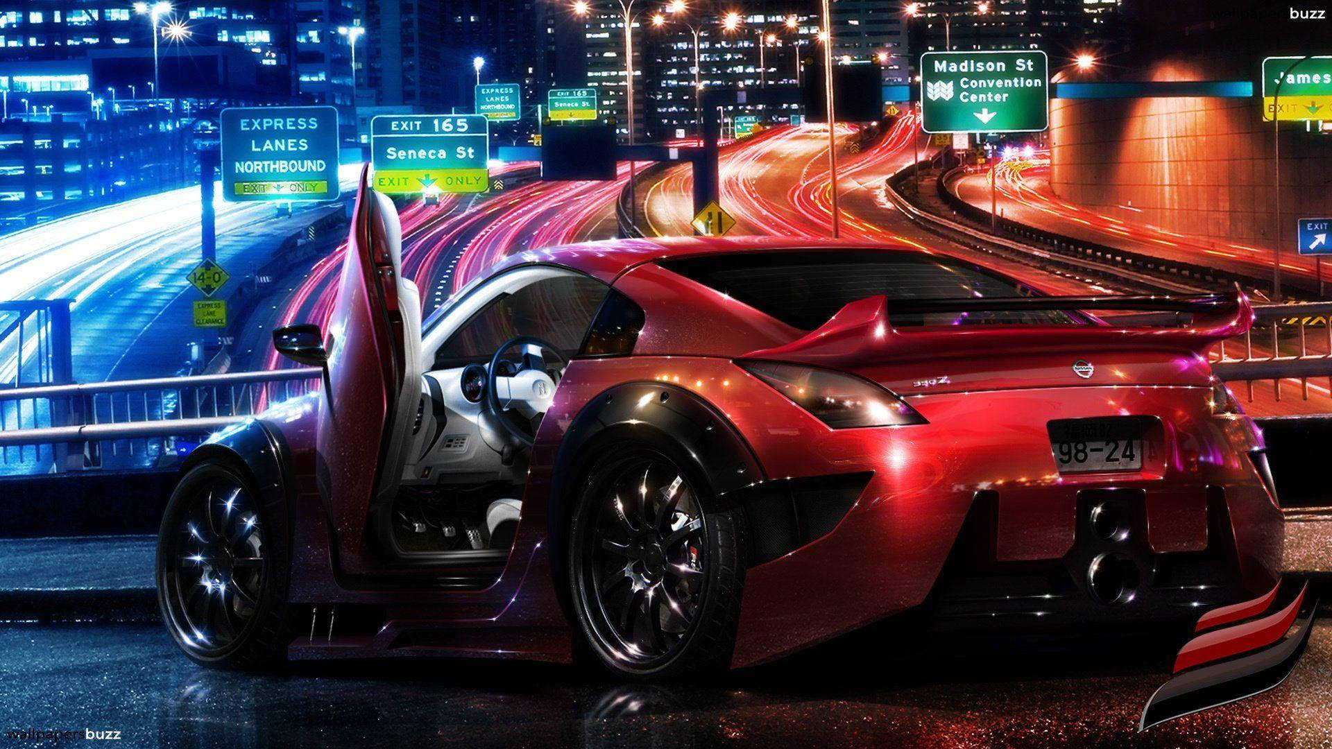 Neon Car, red sports car, wet highway, Full HD Desktop Wallpaper