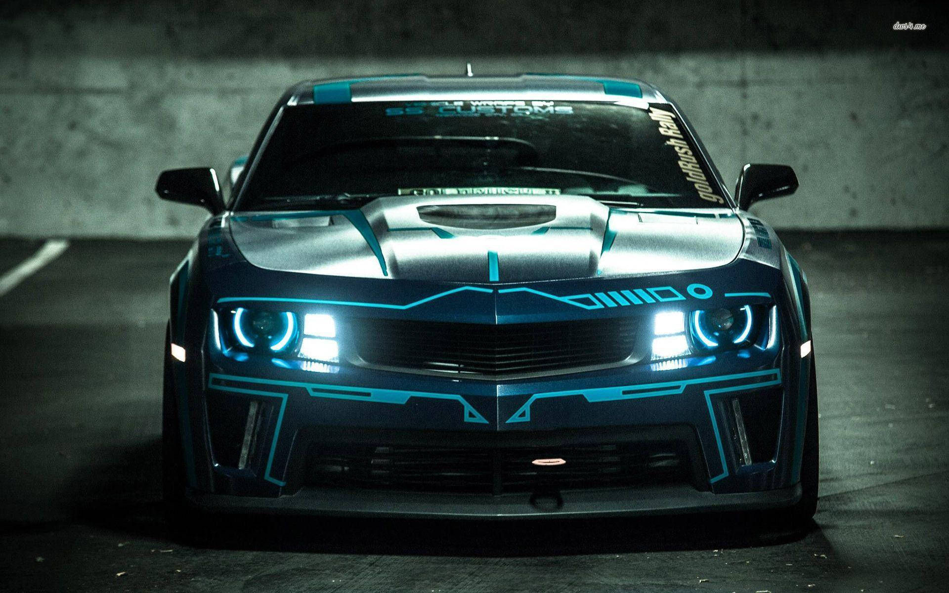 futuristic blue race car, glowing headlights, neon accents, Full HD Desktop Wallpaper