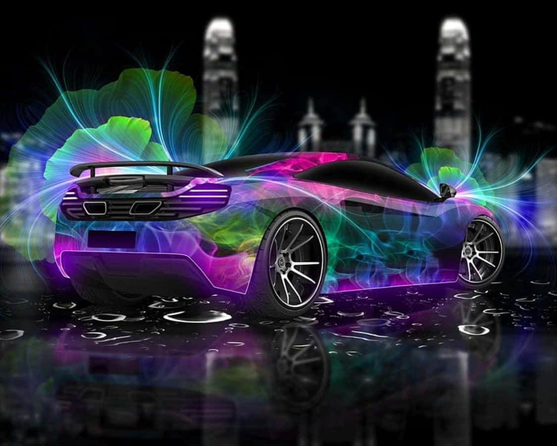 neon-lit sports car, electric purple, green, SD Desktop Wallpaper
