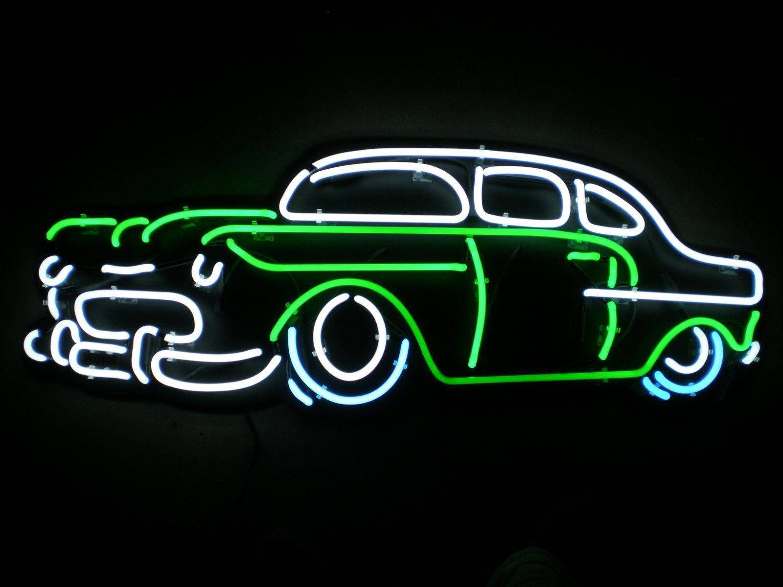 neon sign, vintage car, green and white tubes, HD Desktop Wallpaper