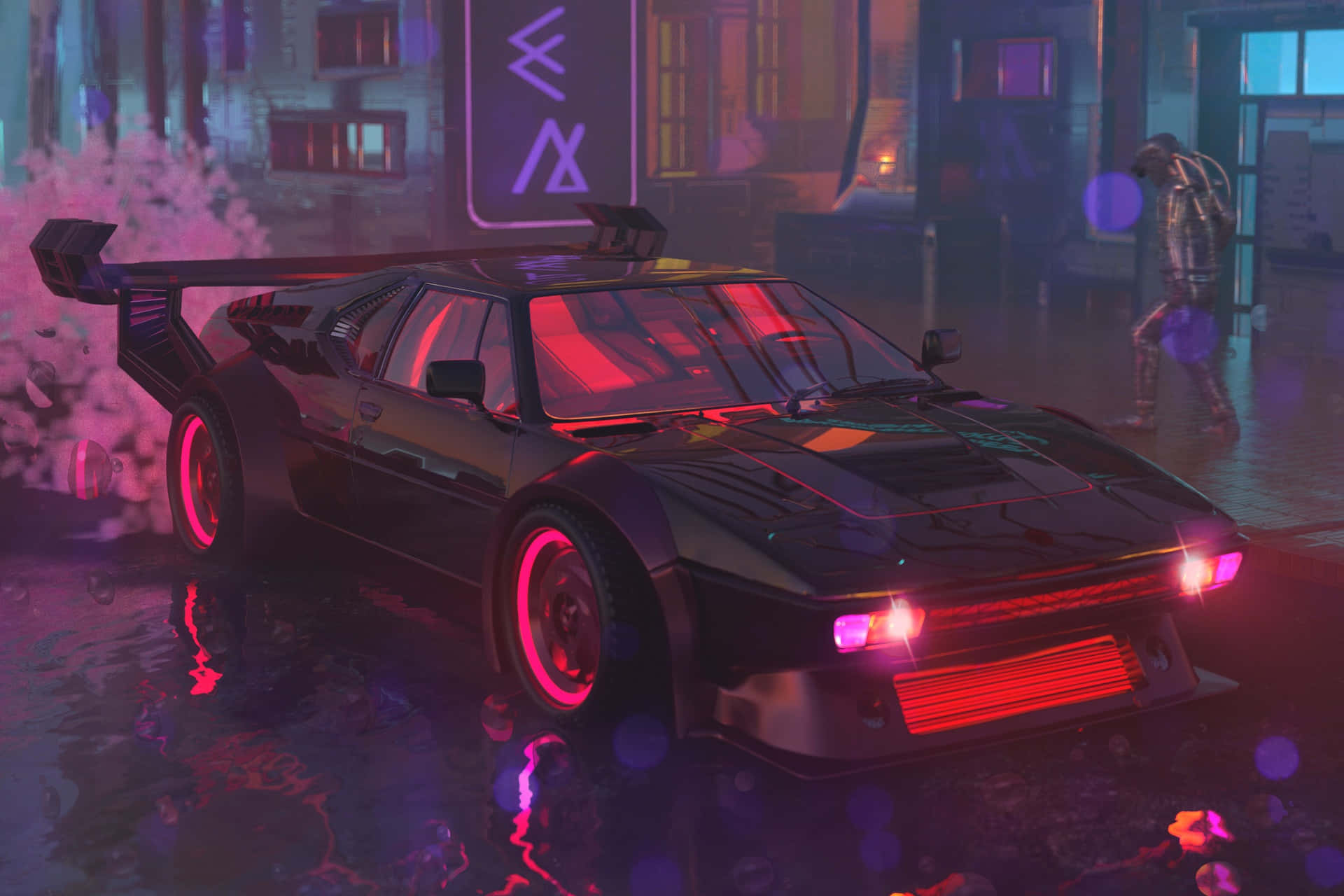 sleek black sports car, glowing red accents, wet neon-lit street, Full HD Desktop Wallpaper