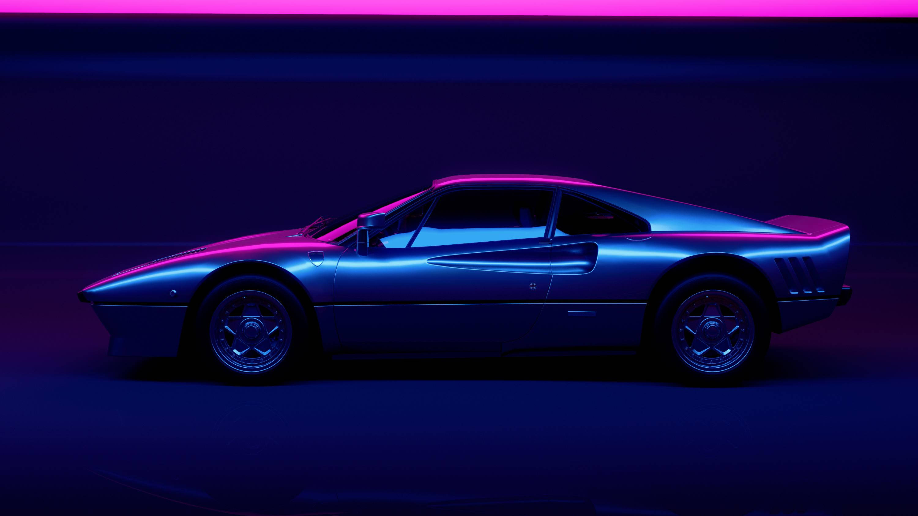 blue sports car, vibrant pink and blue neon lights, dark studio setting, 2K Desktop Wallpaper