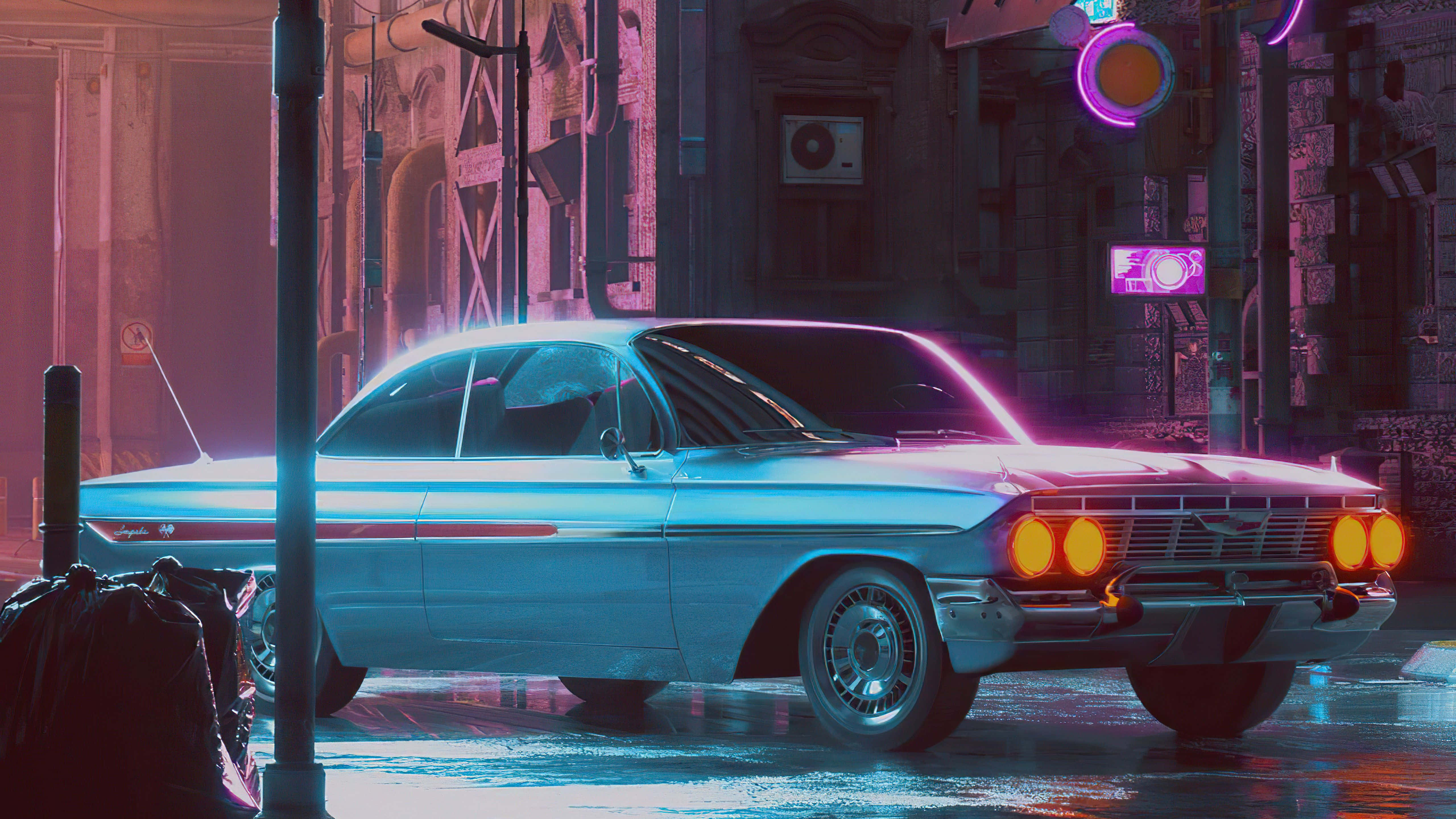 retro futuristic car, neon lights, rainy cyberpunk city street, 5K Desktop Wallpaper
