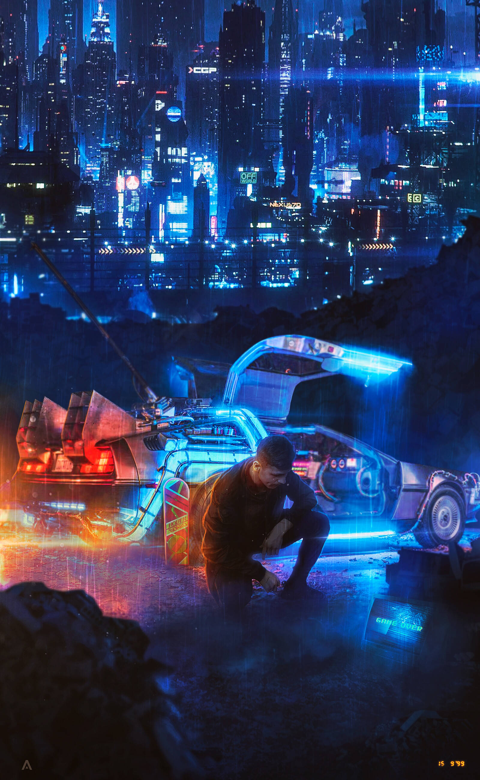 Neon City, futuristic car, neon-drenched cyberpunk cityscape, 2K Phone Wallpaper
