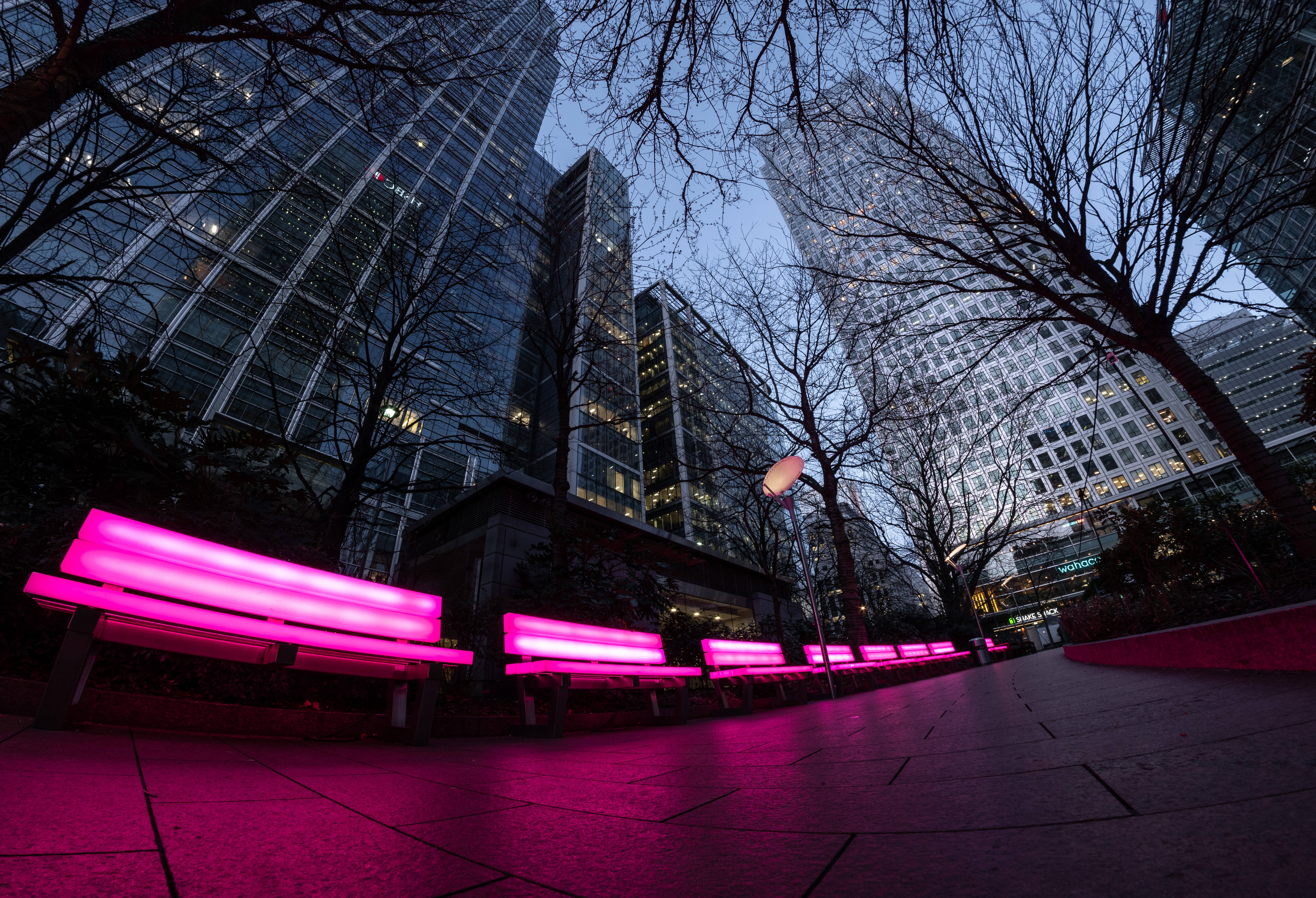 neon chairs, vibrant pink glowing benches, stone plaza, 5K Desktop Wallpaper