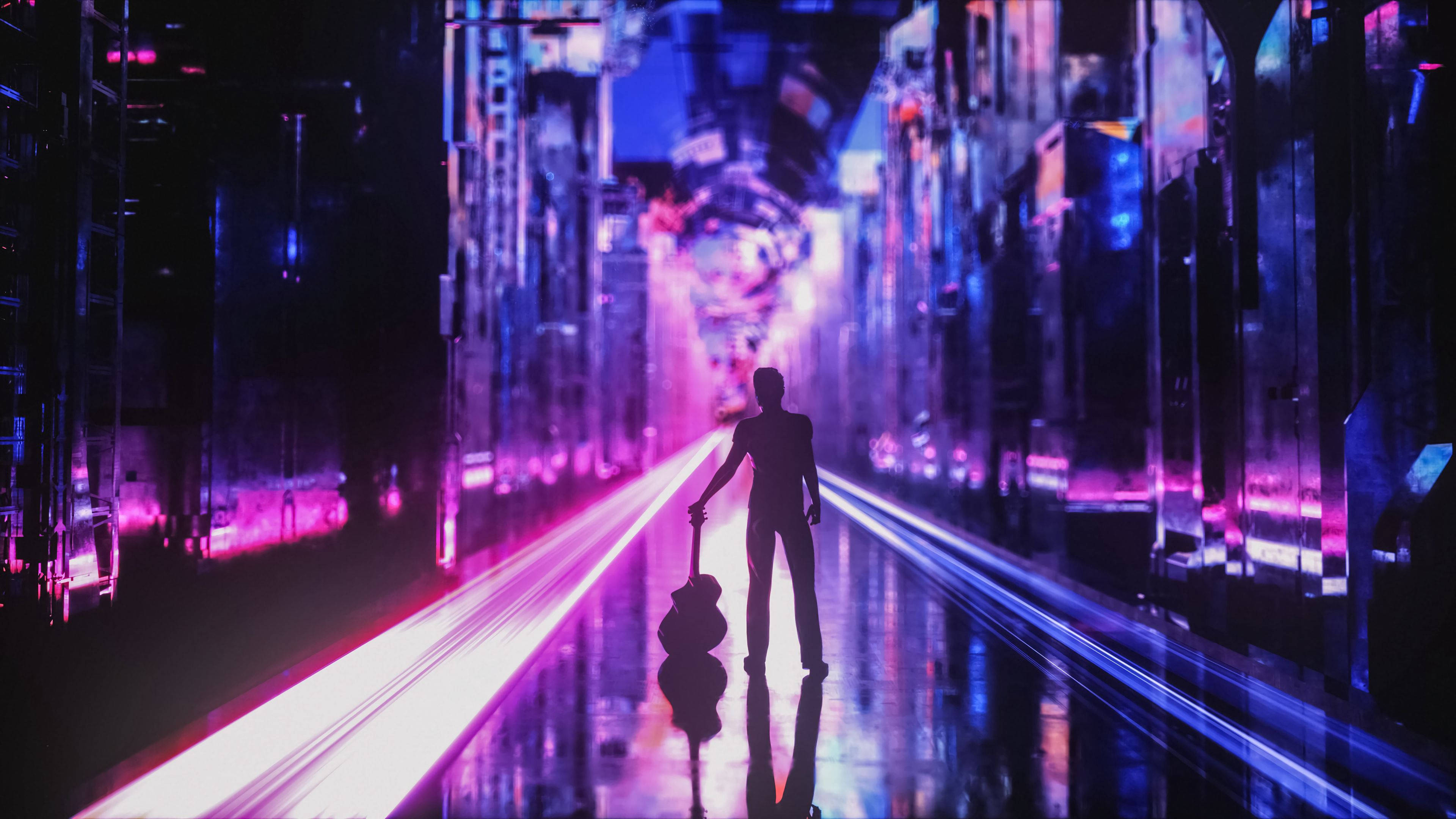 Neon City, guitar, neon-drenched futuristic city street, 4K Desktop Wallpaper