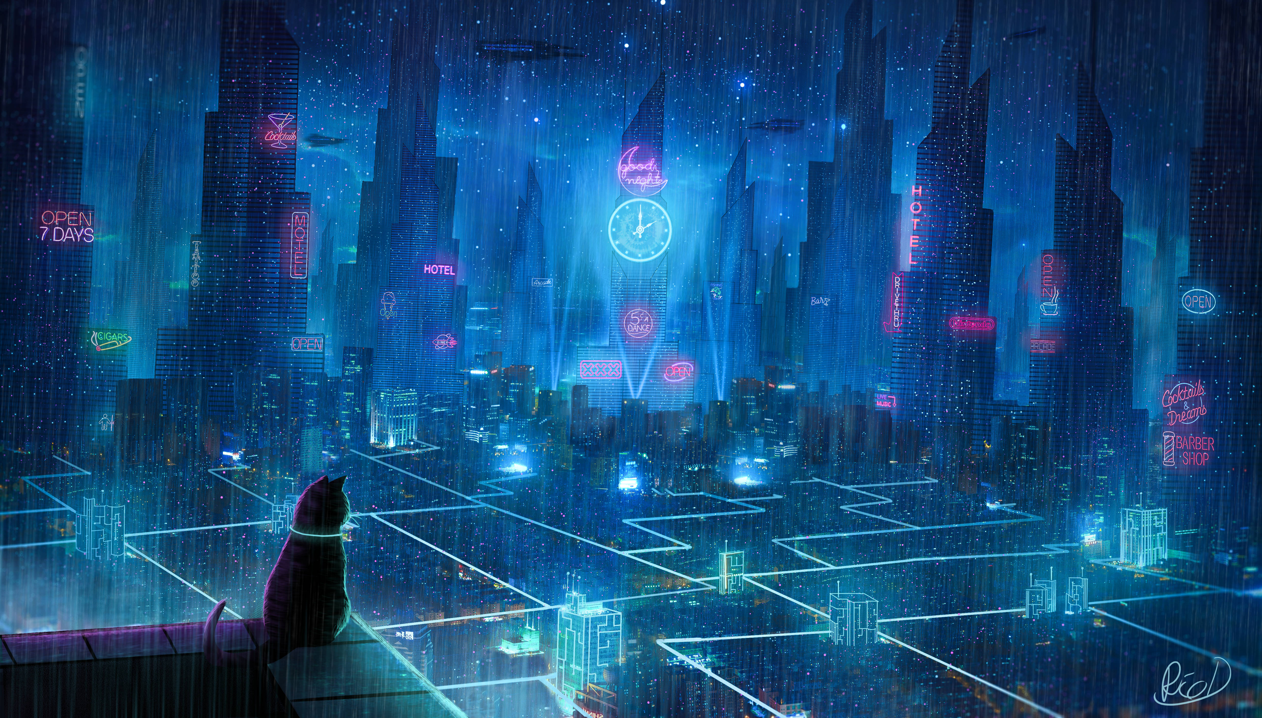 Neon City, cyberpunk metropolis, rain-slicked neon towers, 4K Desktop Wallpaper