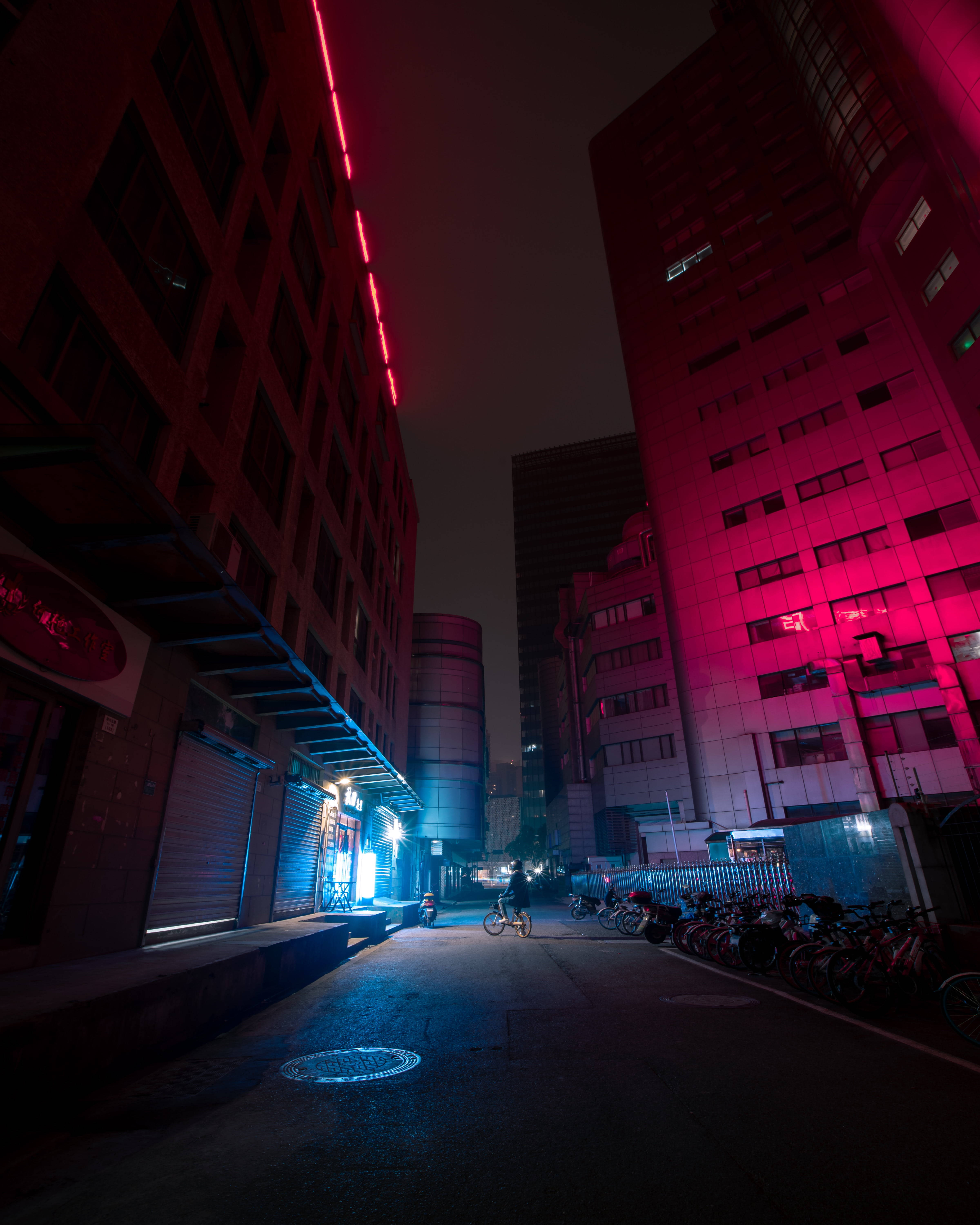 Dark Neon Street, bicycles, neon lights, 5K Phone Wallpaper