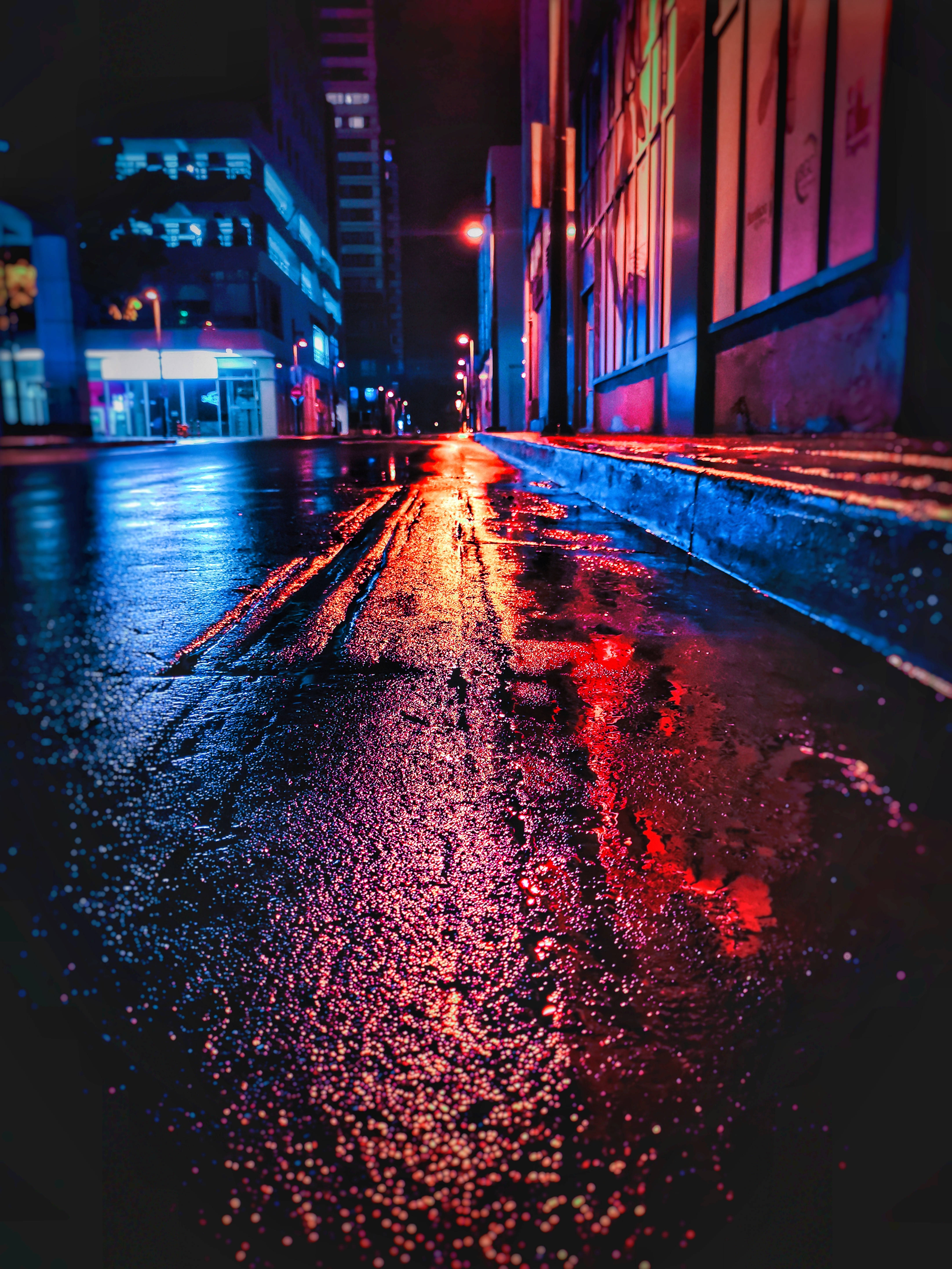 Neon City, wet street, night, 5K Phone Wallpaper