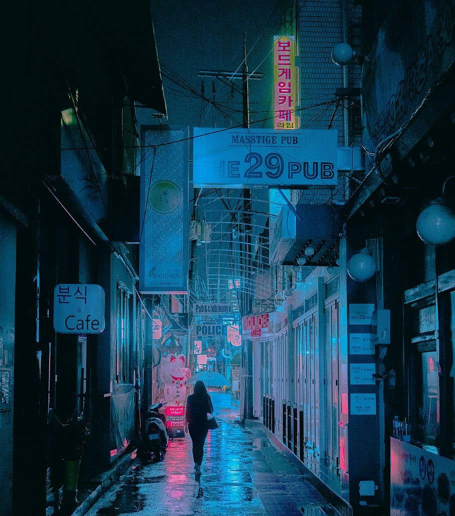 Korean street, neon-lit alley, rain-slicked pavement, SD Phone Wallpaper