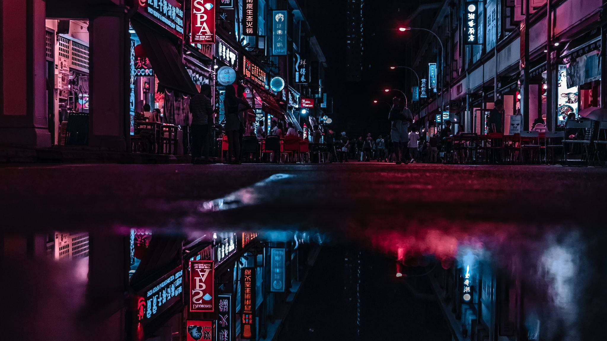Neon City, night, rain-slicked urban street, Full HD Desktop Wallpaper