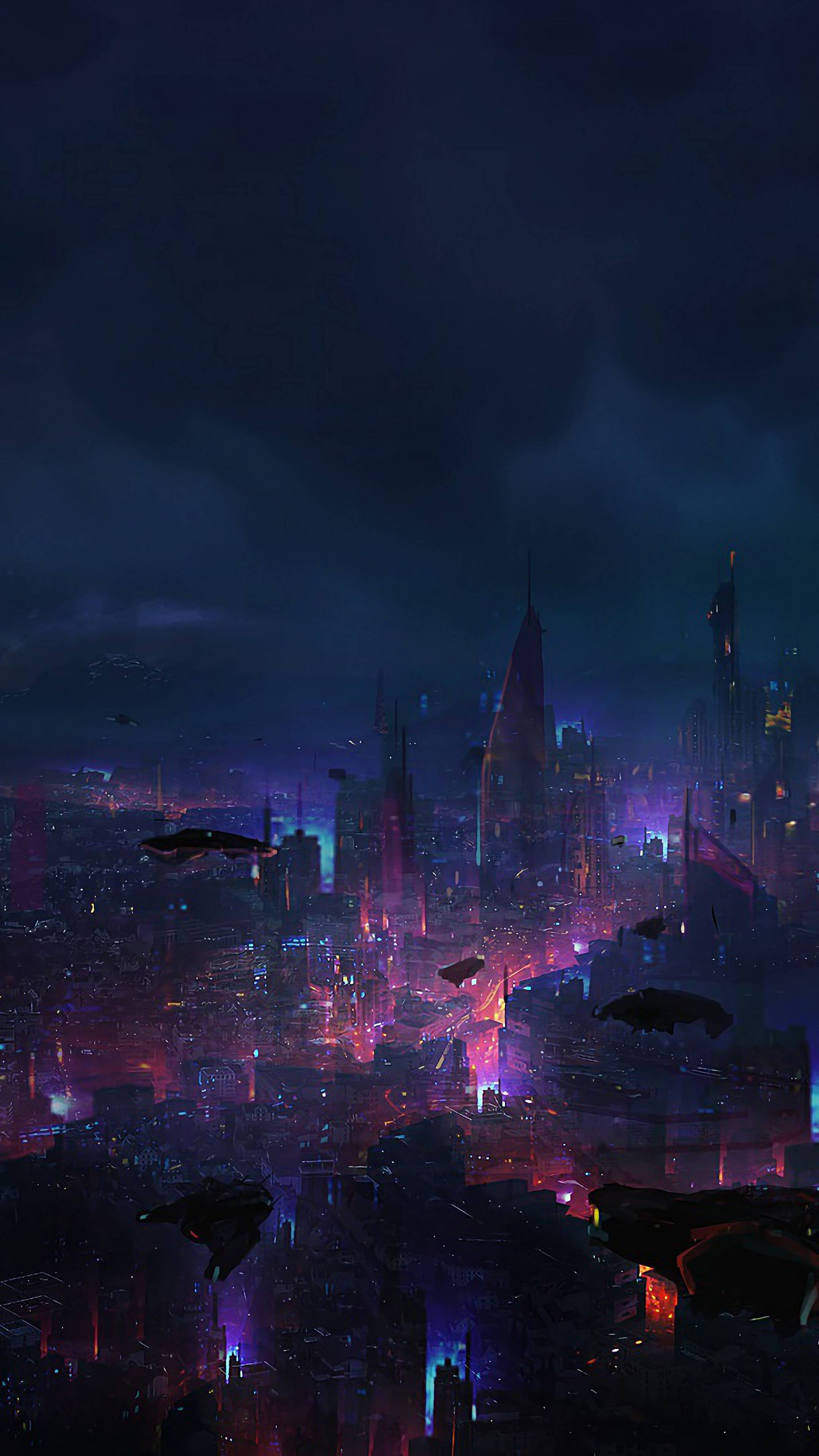 iPhone X, neon-drenched, futuristic cityscape, 4K Phone Wallpaper
