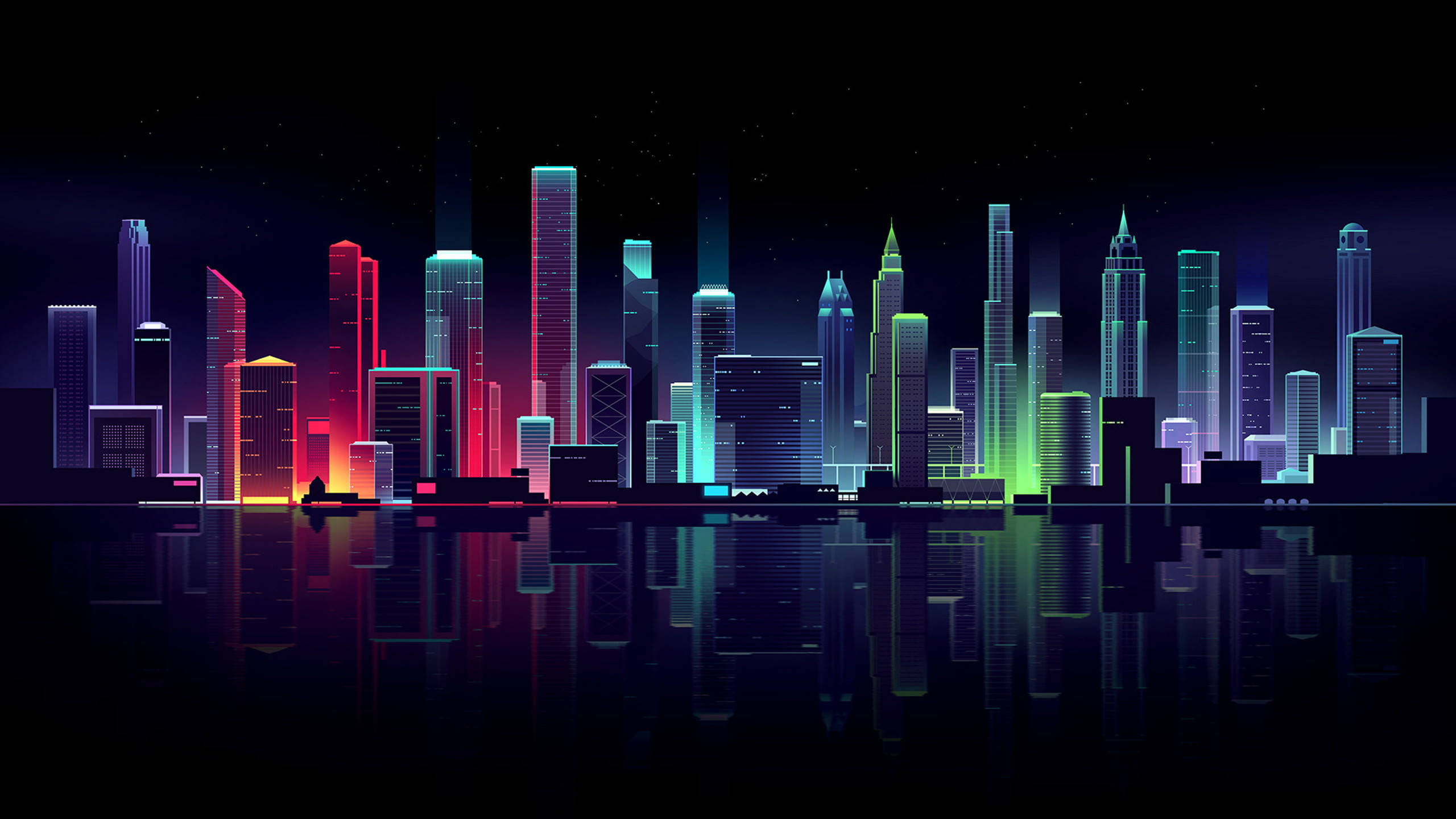 Neon City, skyline, neon-lit, 2K Desktop Wallpaper