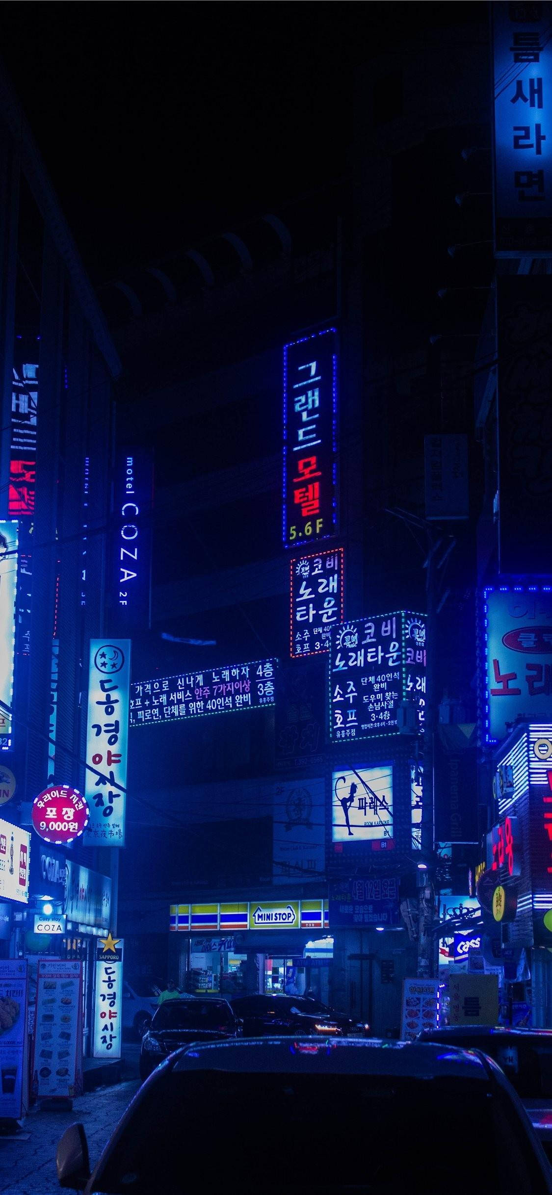 Japanese Aesthetic, neon-lit urban alley, blue and purple signs, Full HD Phone Wallpaper
