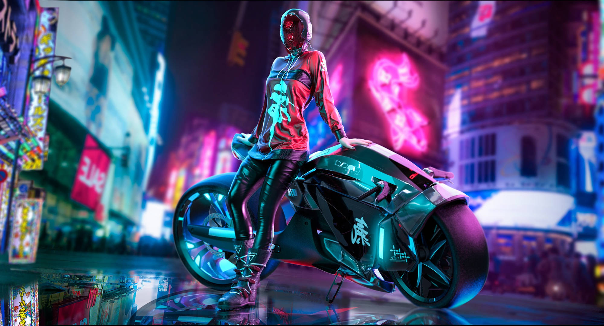 cyberpunk rider, glowing red gear, neon-lit futuristic motorcycle, Full HD Desktop Wallpaper