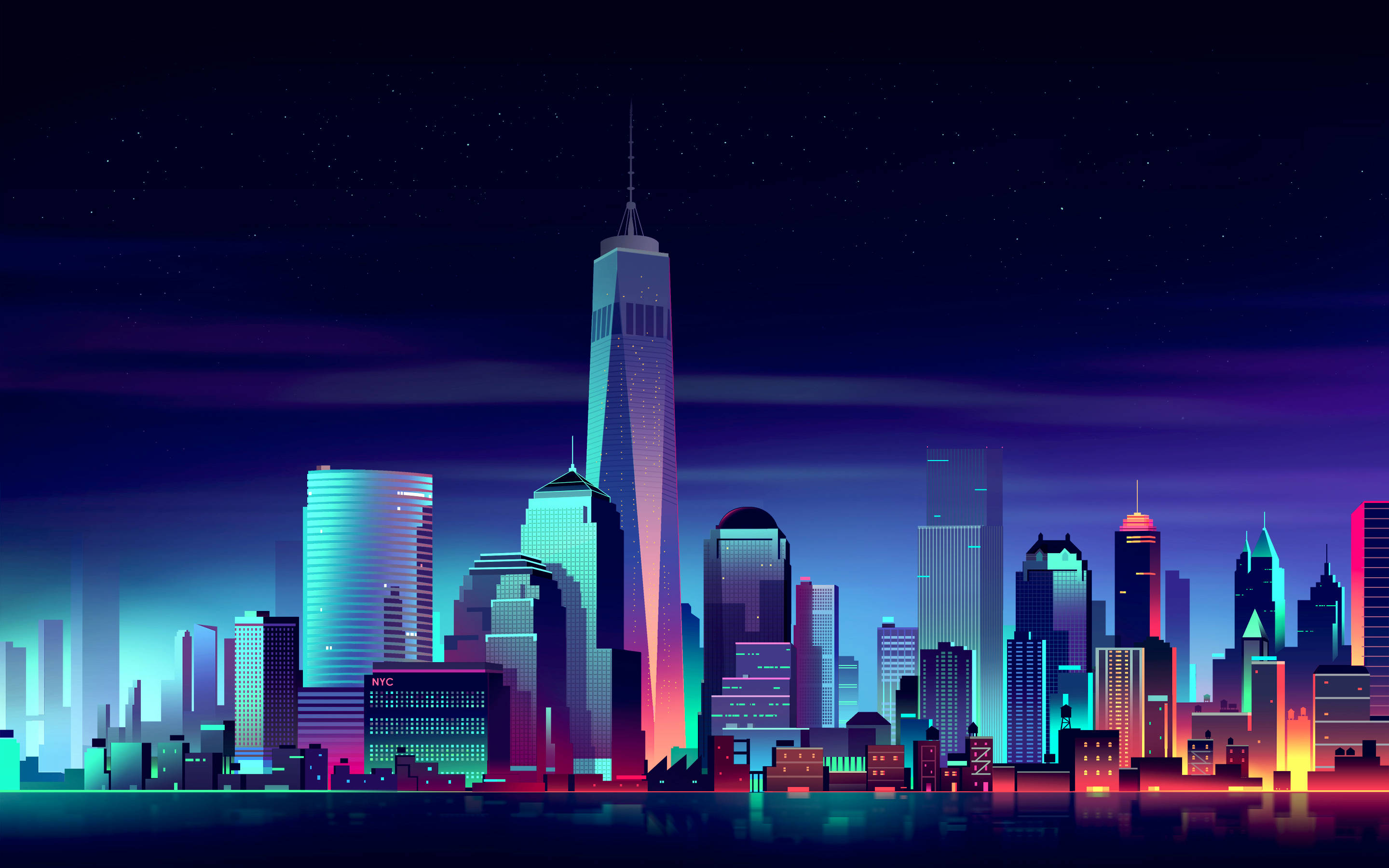 Neon City, modern neon city landscape, neon-lit skyscrapers, 2K Desktop Wallpaper